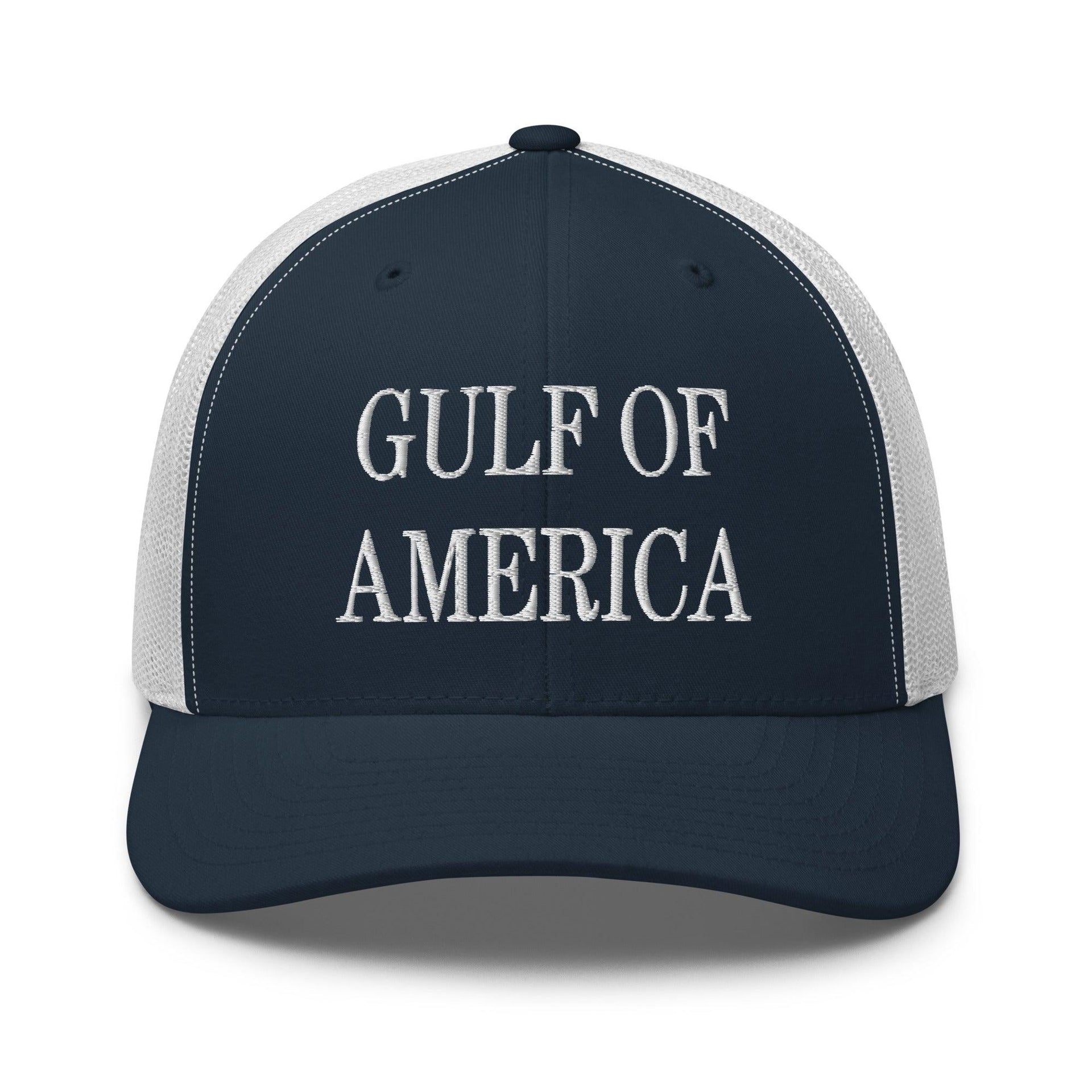 Gulf of America Embroidered Mesh Trucker Hat Navy White Capital Crowns Conservative LADs Make Again Trucker Hats
