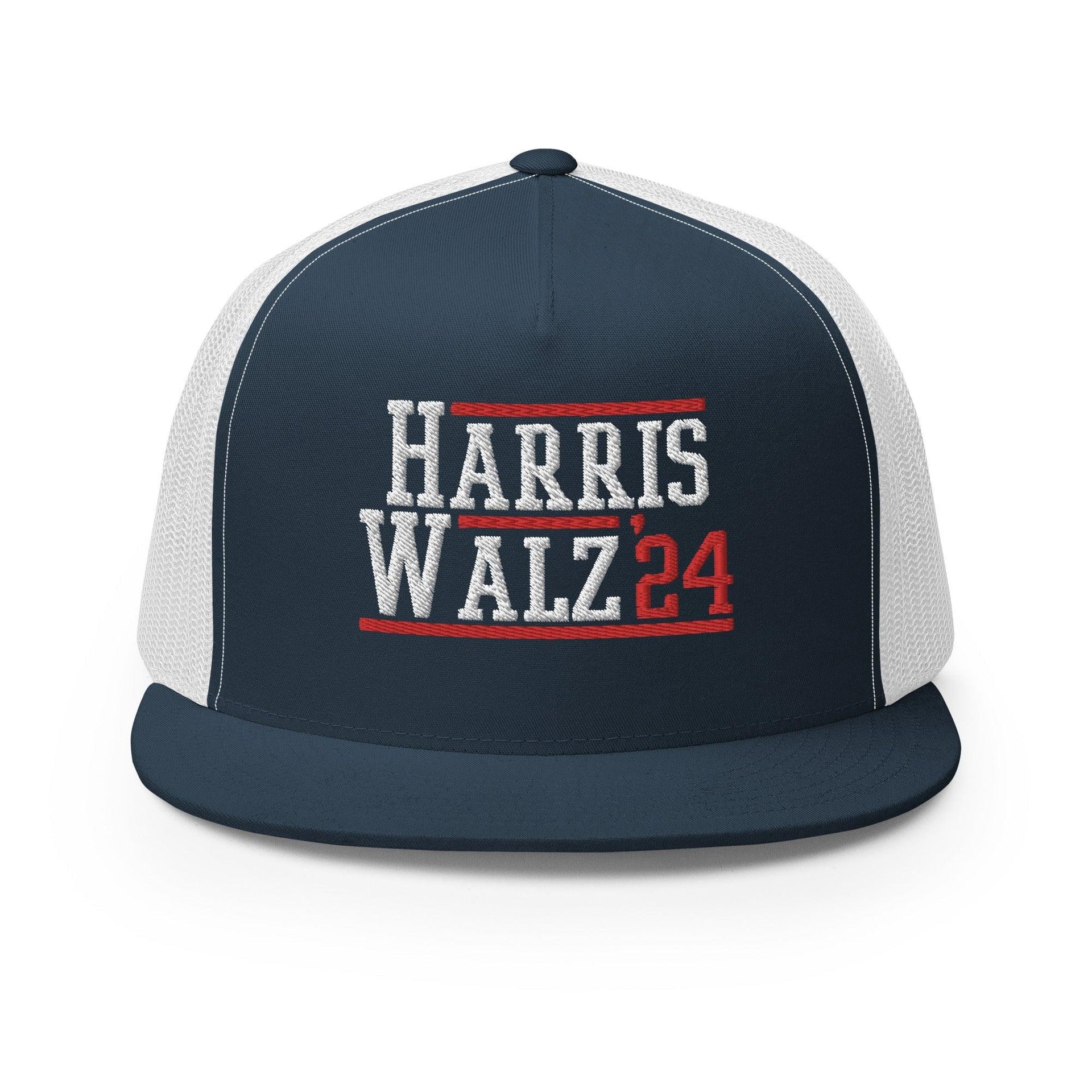 Harris Walz 2024 24 Flat Bill Brim Trucker Hat Navy White Capital Crowns LADs Liberal Snapback Hats Trucker Hats