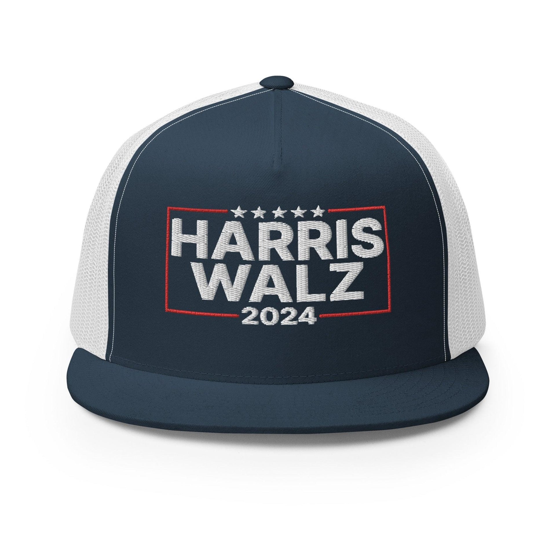 Harris Walz 2024 Flat Bill Brim Trucker Hat Navy White Capital Crowns LADs Liberal Snapback Hats Trucker Hats