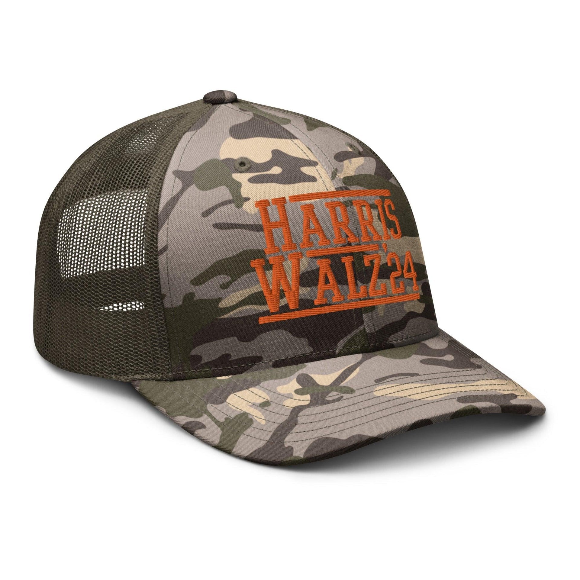 Harris Walz '24 2024 Camo Trucker Hat Orange Capital Crowns LADs Liberal Orange Camo Trucker Hats