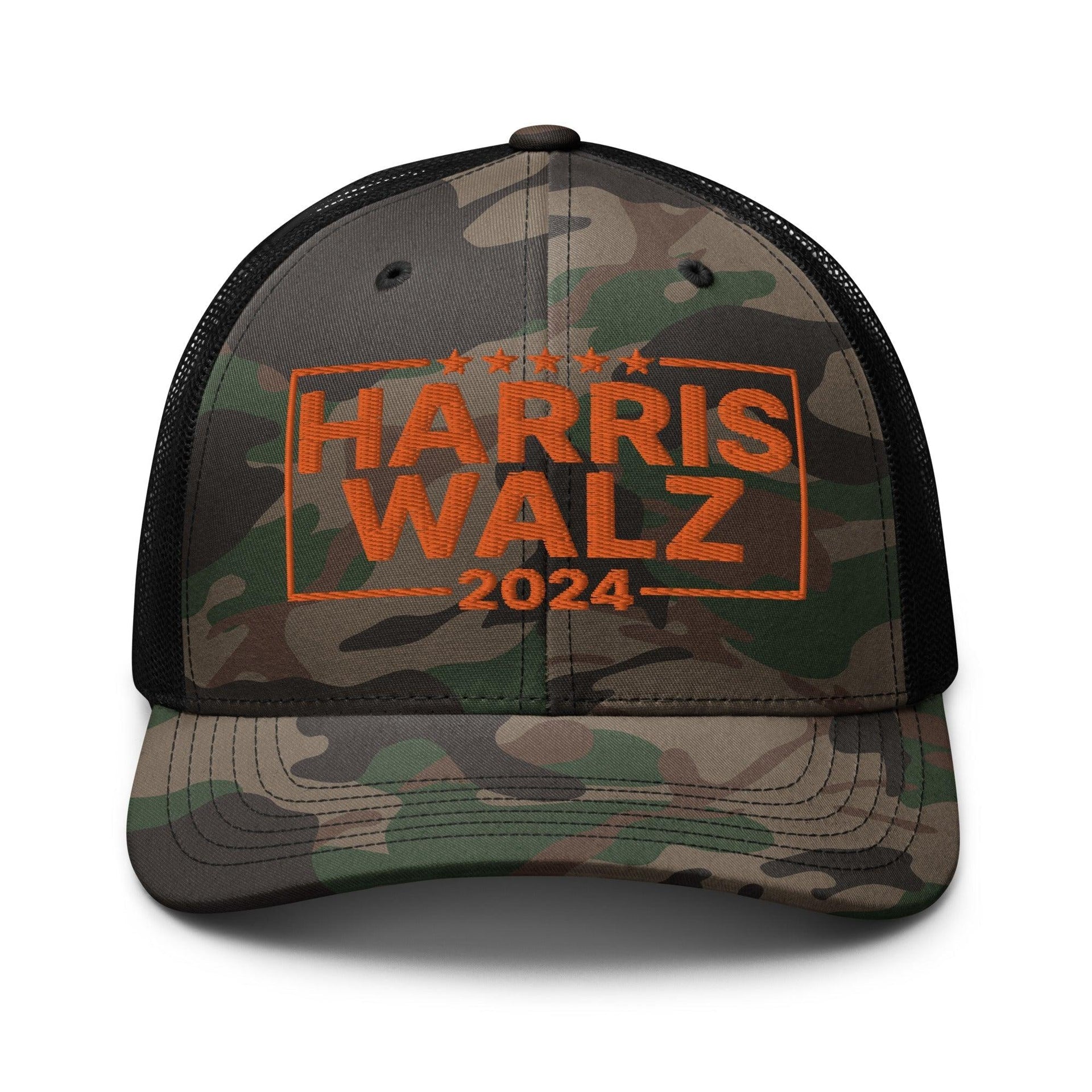 Harris Walz 24 2024 Camo Trucker Hat Orange Camo Black Capital Crowns LADs Liberal Orange Camo Trucker Hats