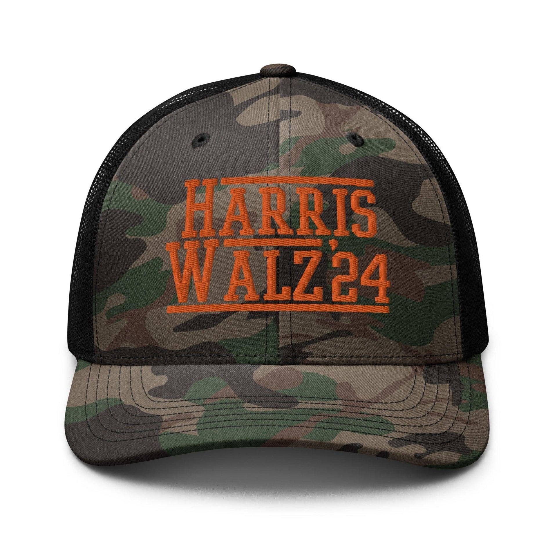 Harris Walz '24 2024 Camo Trucker Hat Orange Camo Black Capital Crowns LADs Liberal Orange Camo Trucker Hats