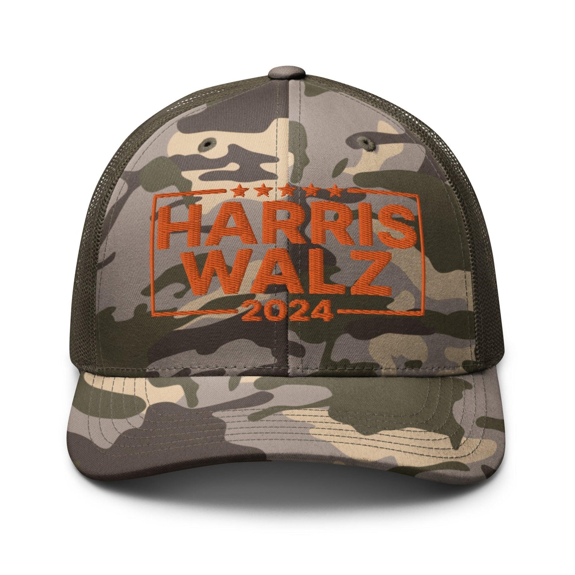 Harris Walz 24 2024 Camo Trucker Hat Orange Camo Olive Capital Crowns LADs Liberal Orange Camo Trucker Hats