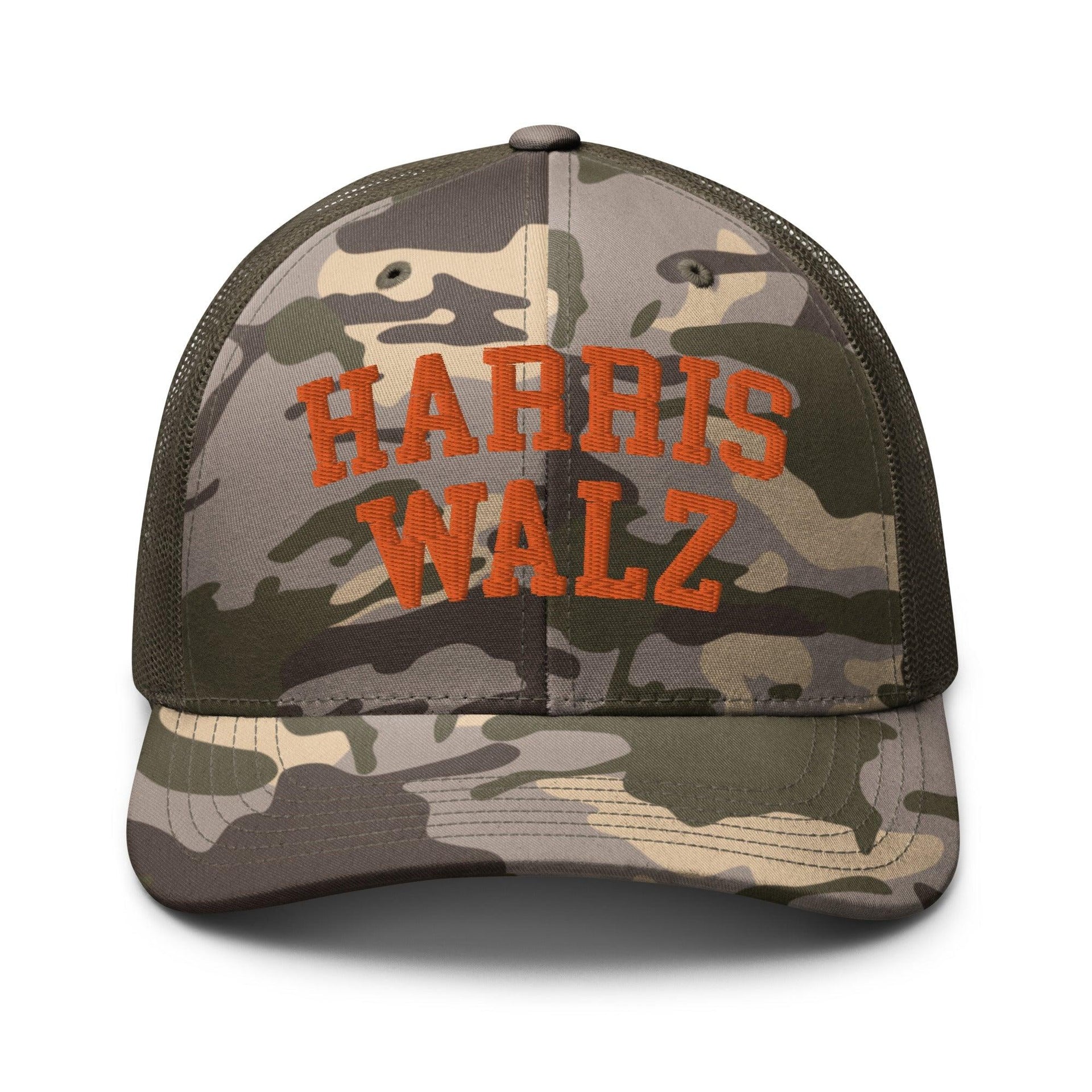 Harris-Walz Midwest Princess Parody Embroidered Camo Trucker Hat Orange Camo Olive Capital Crowns LADs Liberal Orange Camo Trucker Hats