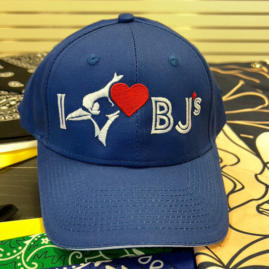 I Heart BJs One Size Fits All Hat with Velcro Strap Standard Adjustable Black 66500565 66533333 Baseball hat Bjs Black Blue Jay fan Canadian pride Casual wear Collectible Embroidered hat Fan gear Game day hat Gift idea Headwear I HEart Bjs I love Bjs I Luv BJs One size fits all Royal Blue Spin Ink Sports accessory TBH-001 Team spirit Toronto Blue Jays Toronto fashion Toronto merchandise Toronto Sports Torontonian Velcro strap