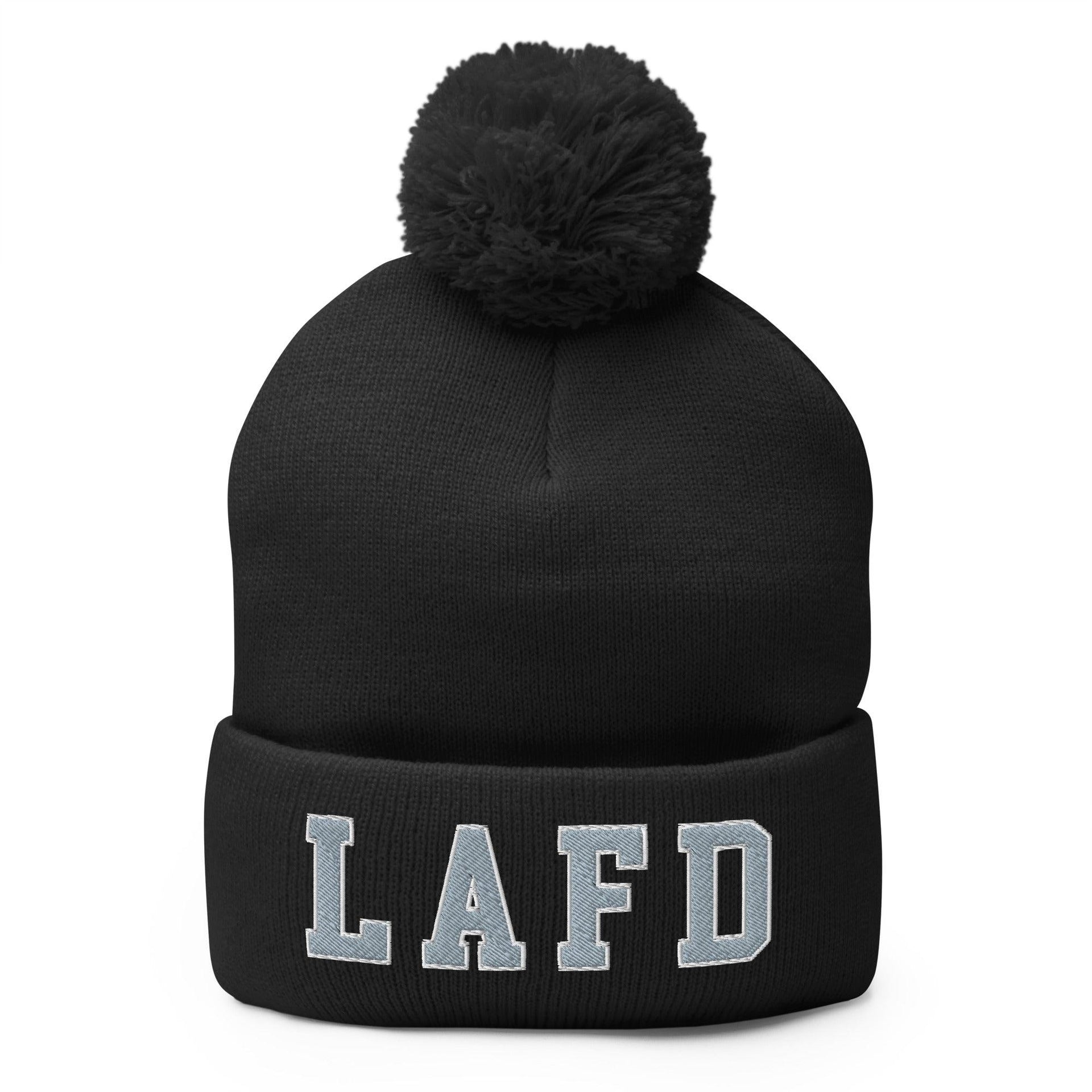 LAFD Los Angeles Fire Department Embroidered Knit Pom Pom Beanie Black Beanies Capital Crowns Work