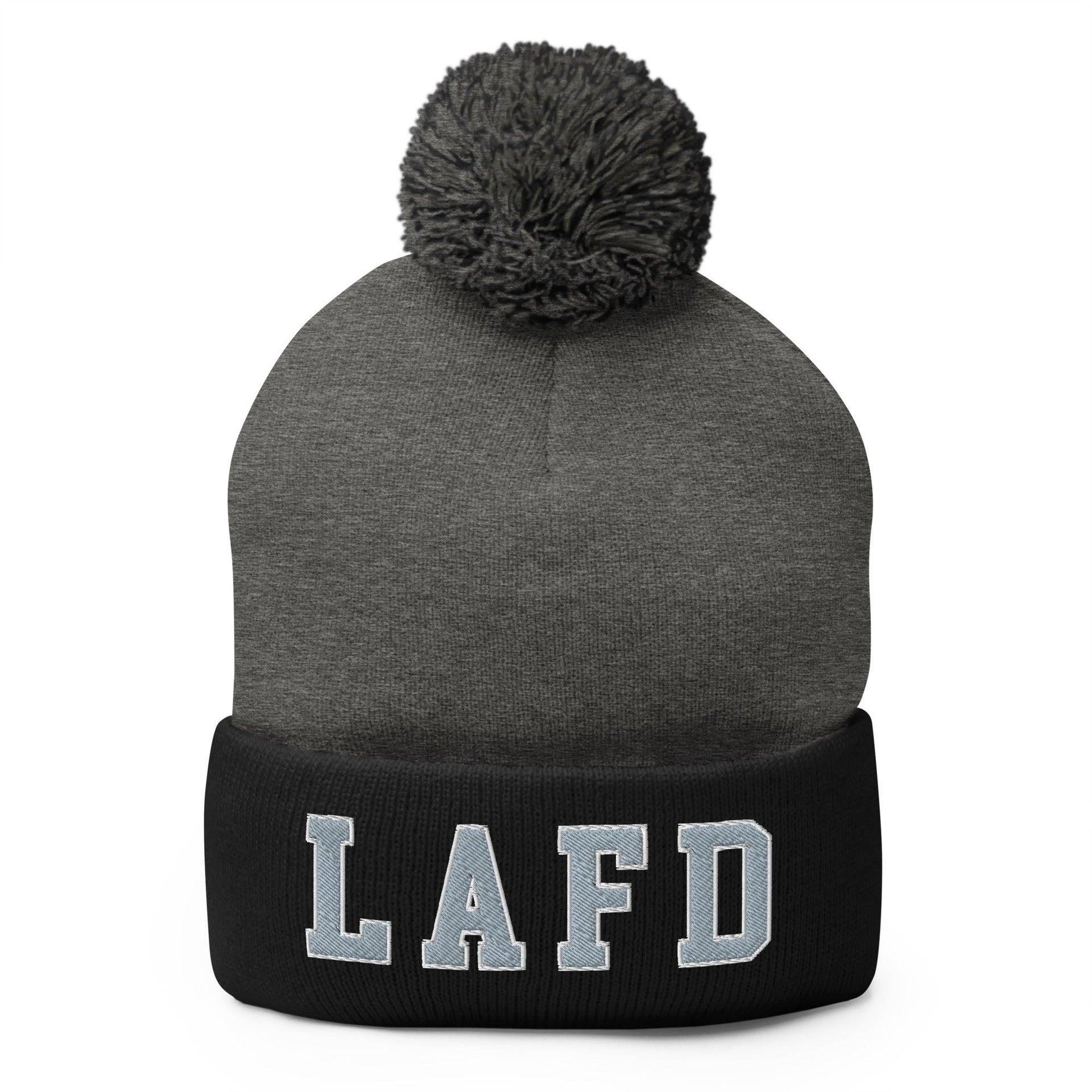 LAFD Los Angeles Fire Department Embroidered Knit Pom Pom Beanie Dark Heather Grey Black Beanies Capital Crowns Work