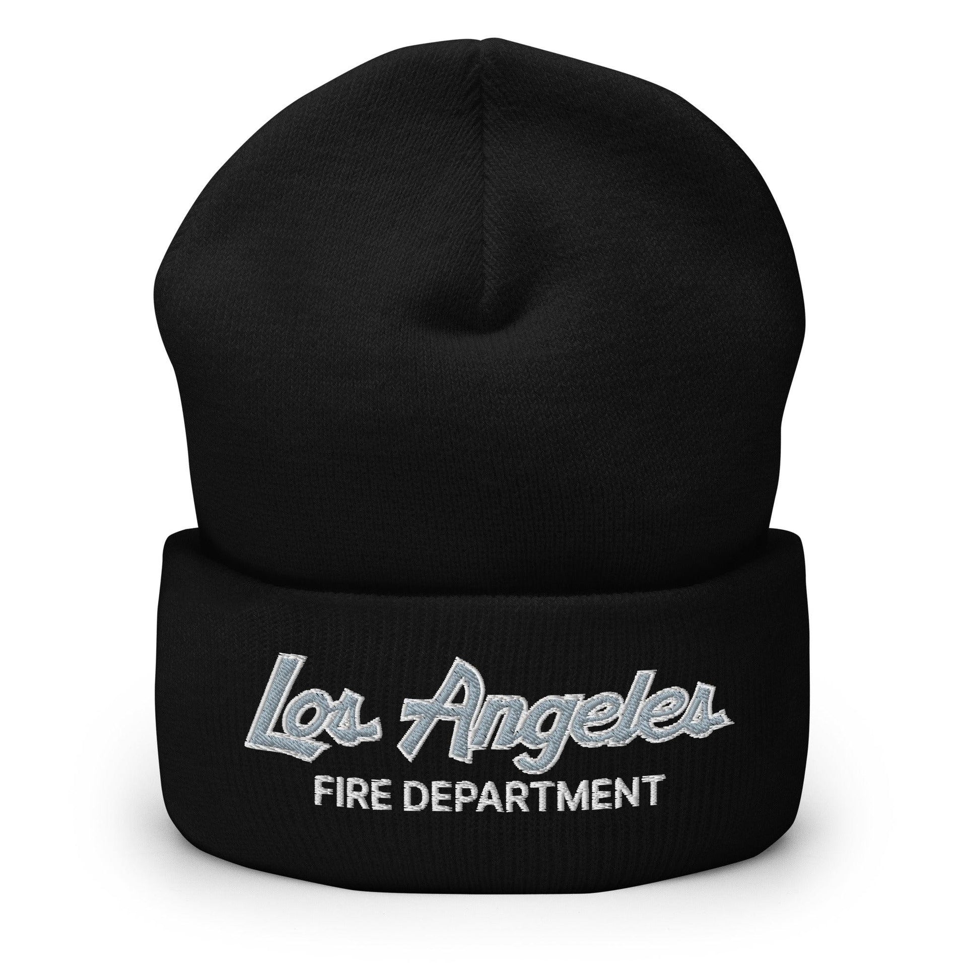 LAFD Los Angeles Fire Department Vintage Sports Script Embroidered Knit Cuffed Beanie Black Beanies Capital Crowns Work