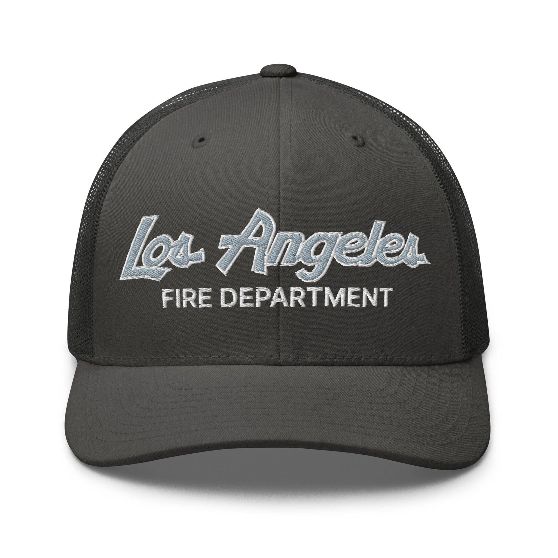 LAFD Los Angeles Fire Department Vintage Sports Script Embroidered Mesh Trucker Hat Charcoal Capital Crowns Trucker Hats Work