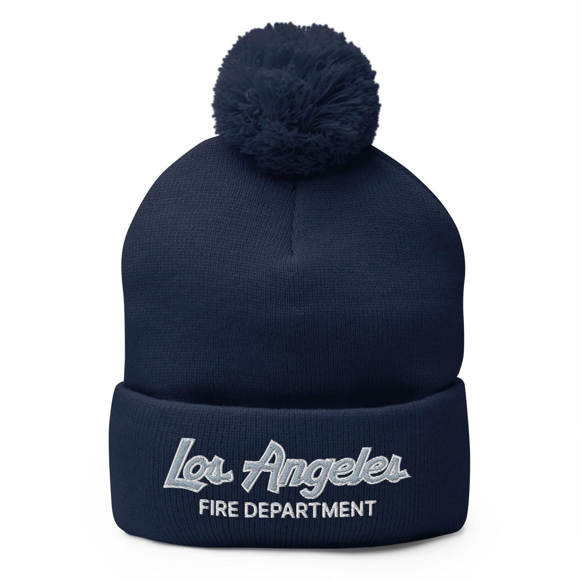 LAFD Los Angeles Fire Department Vintage Sports Script Embroidered Knit Pom Pom Beanie Navy Beanies Capital Crowns Work