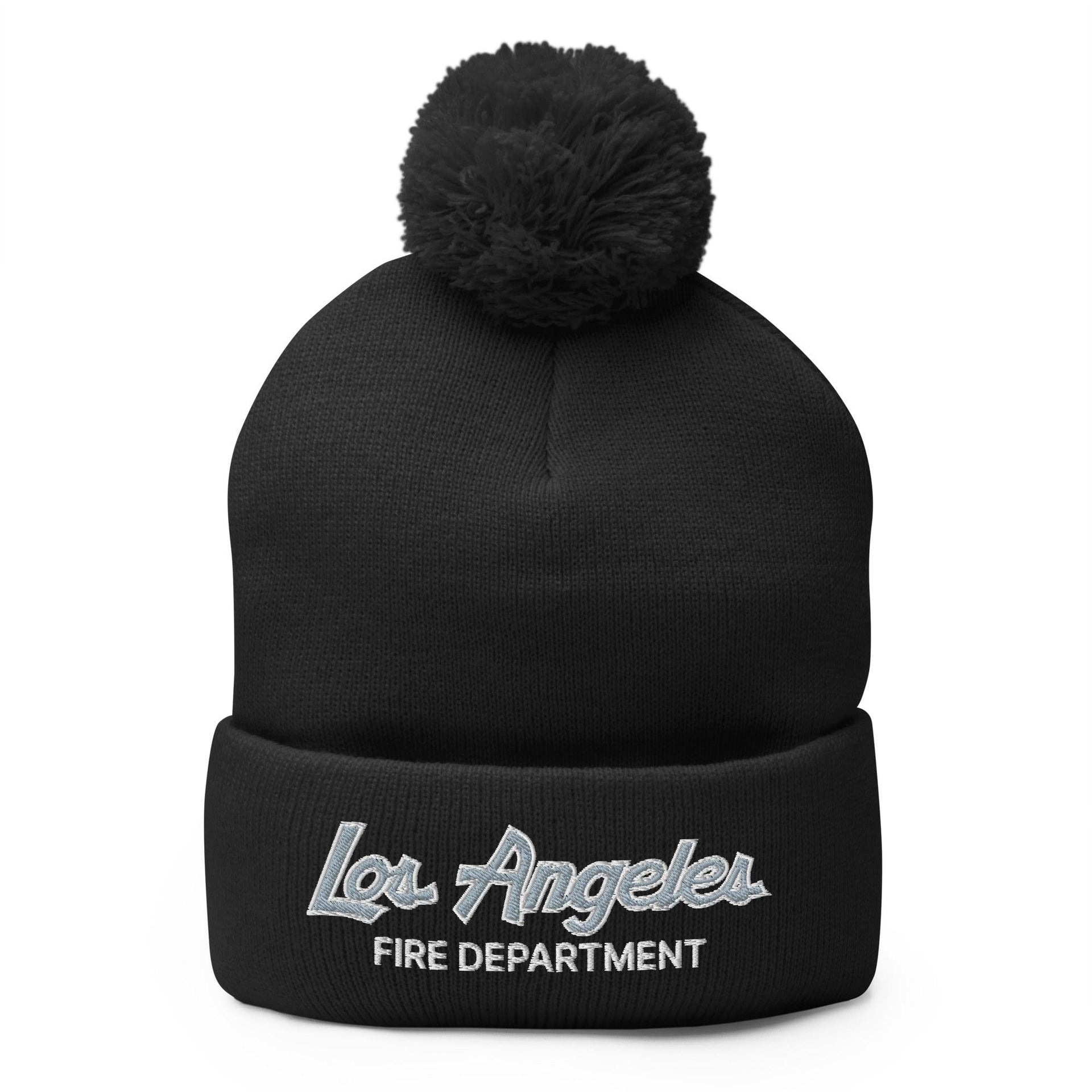 LAFD Los Angeles Fire Department Vintage Sports Script Embroidered Knit Pom Pom Beanie Black Beanies Capital Crowns Work