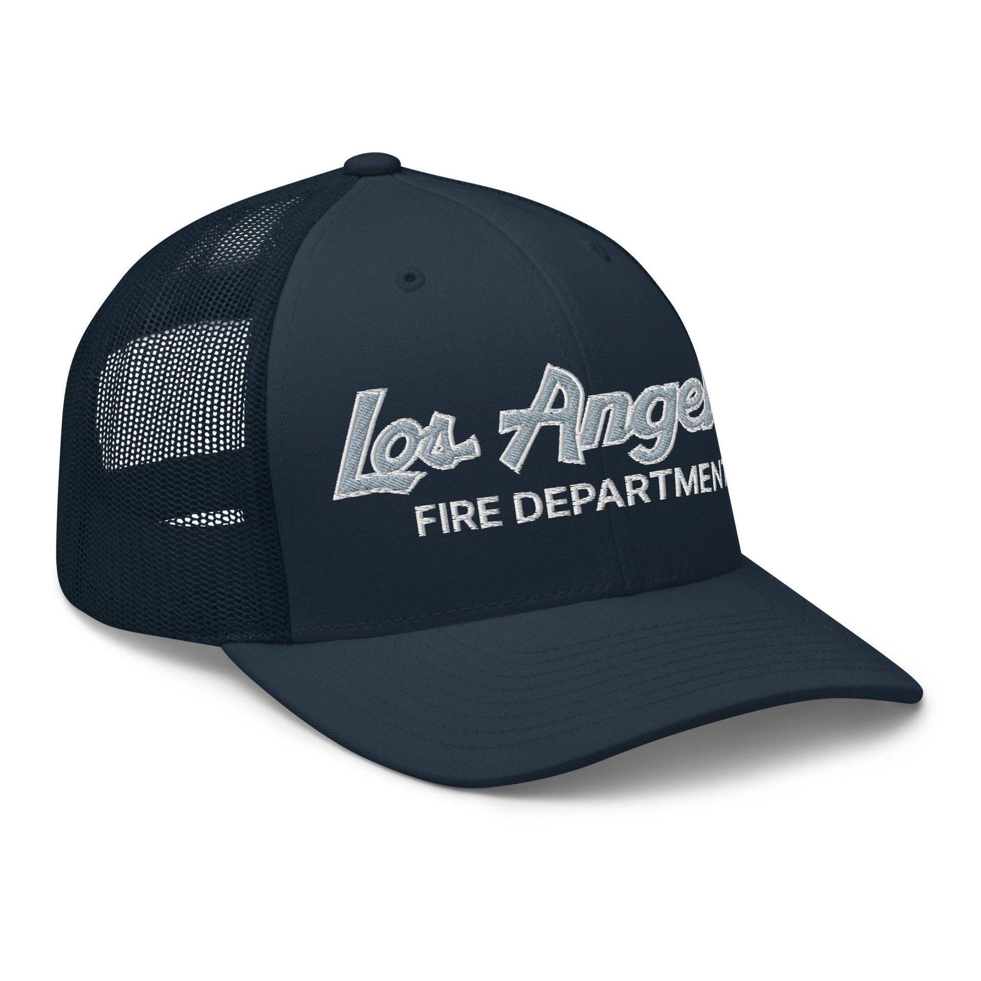 LAFD Los Angeles Fire Department Vintage Sports Script Embroidered Mesh Trucker Hat Capital Crowns Trucker Hats Work