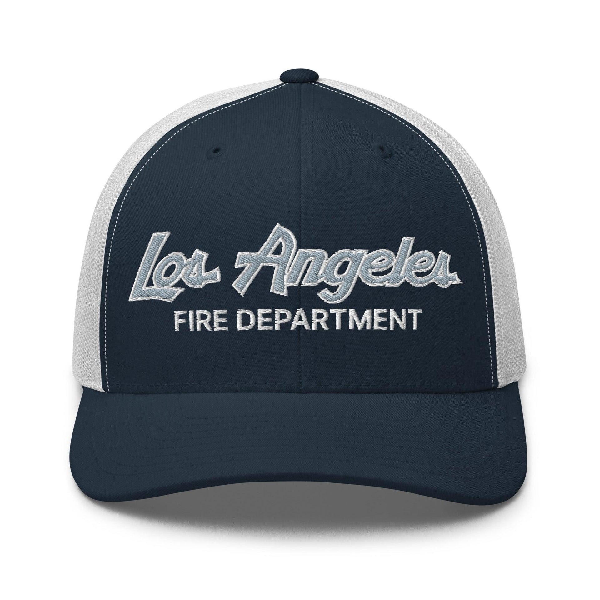 LAFD Los Angeles Fire Department Vintage Sports Script Embroidered Mesh Trucker Hat Navy White Capital Crowns Trucker Hats Work
