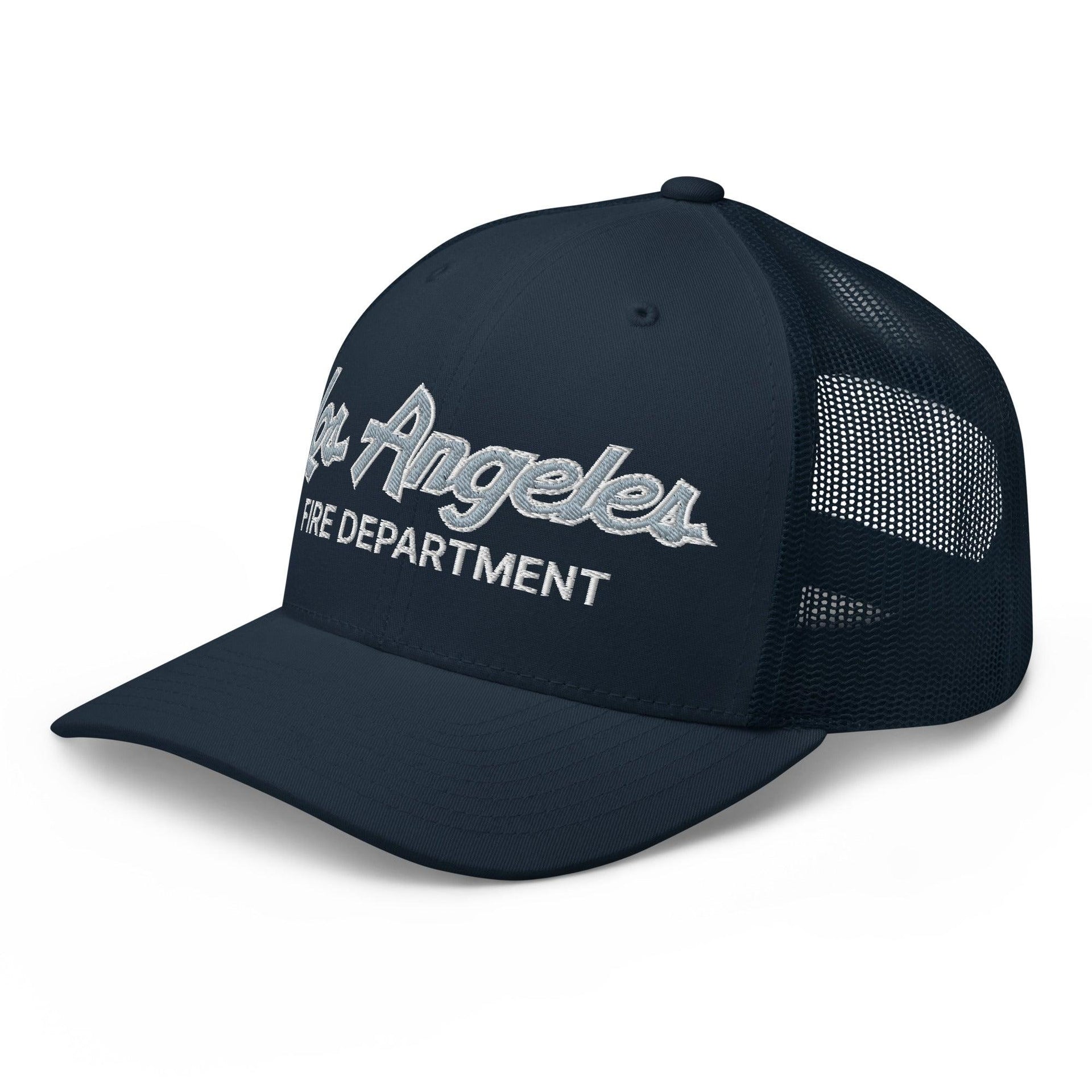 LAFD Los Angeles Fire Department Vintage Sports Script Embroidered Mesh Trucker Hat Capital Crowns Trucker Hats Work