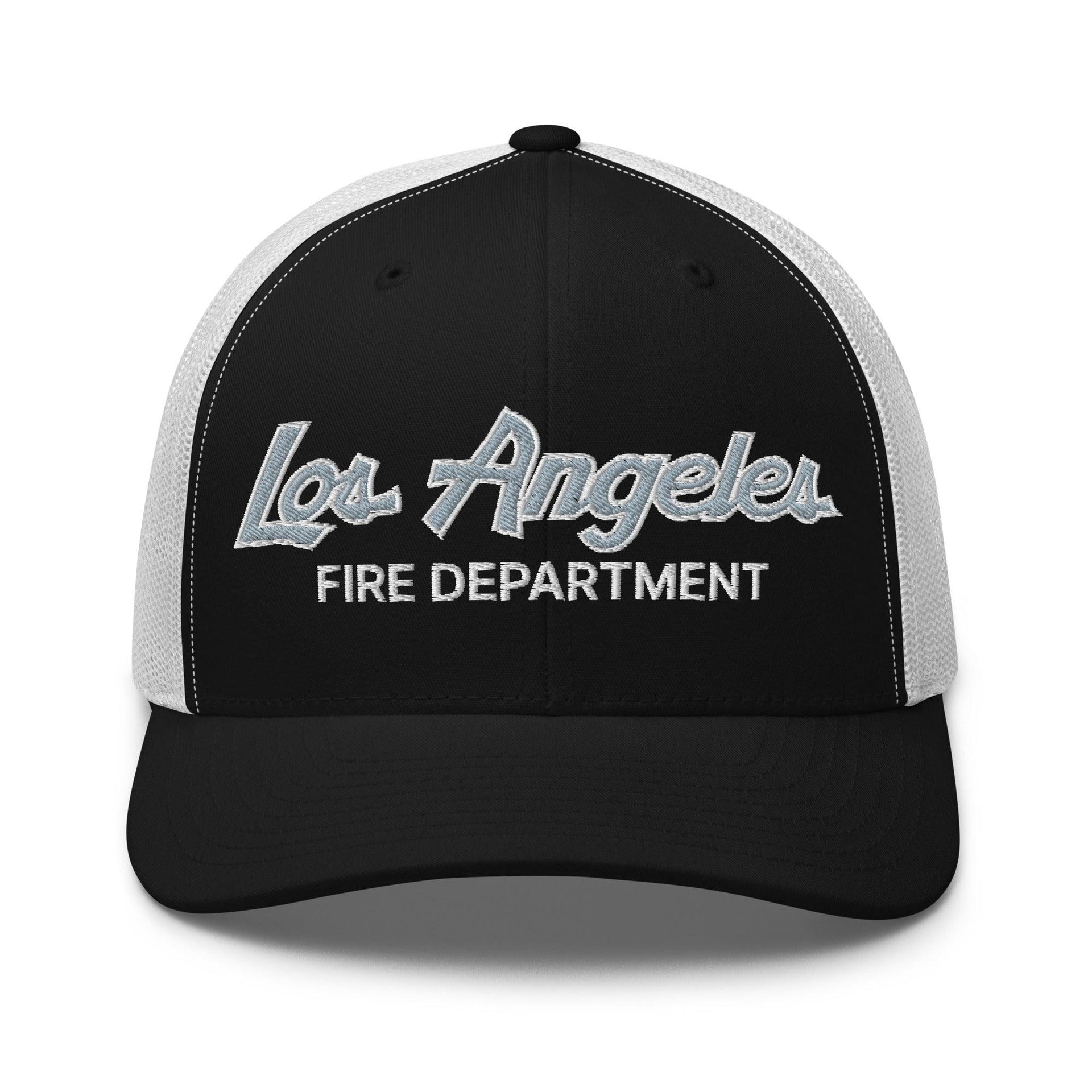 LAFD Los Angeles Fire Department Vintage Sports Script Embroidered Mesh Trucker Hat Black White Capital Crowns Trucker Hats Work