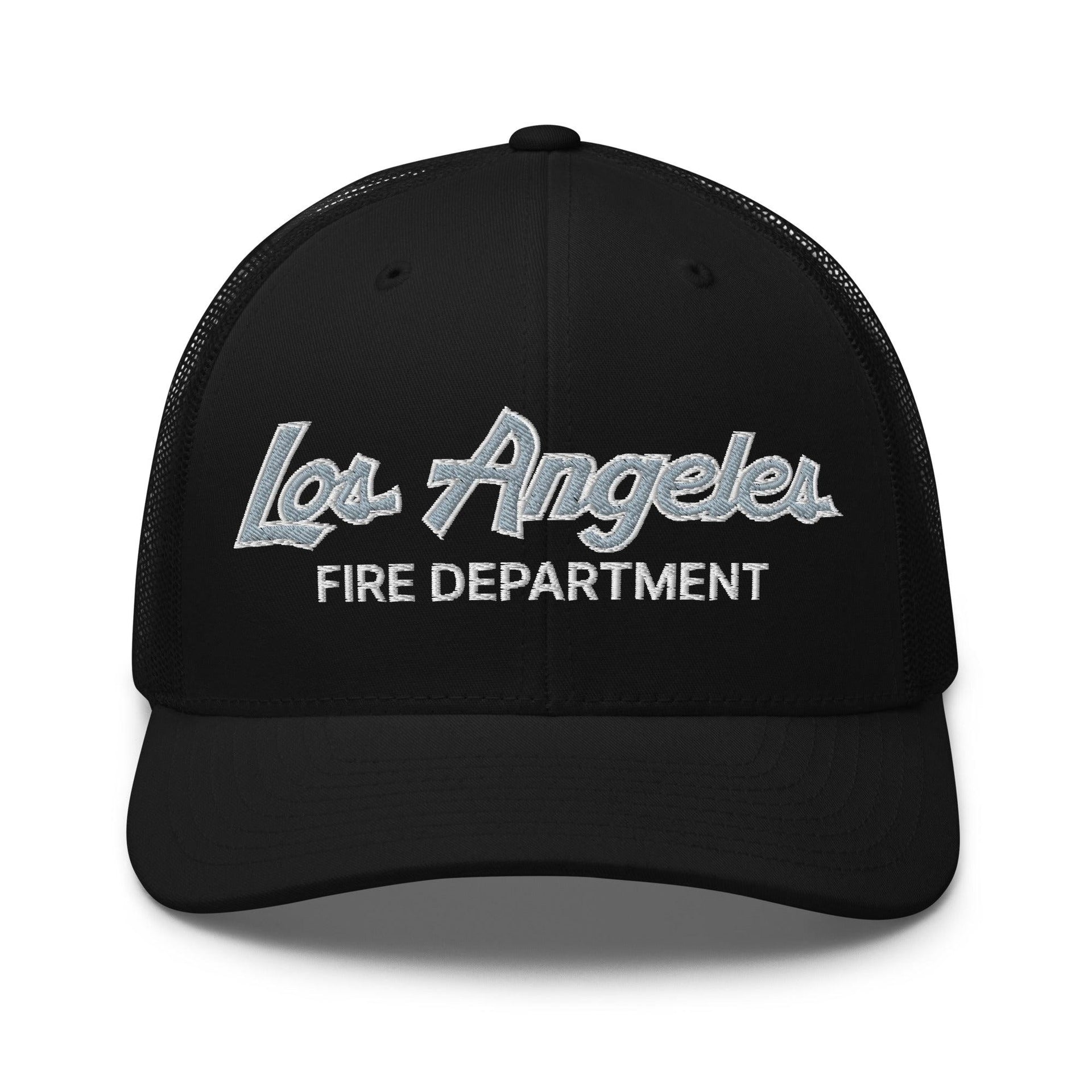 LAFD Los Angeles Fire Department Vintage Sports Script Embroidered Mesh Trucker Hat Black Capital Crowns Trucker Hats Work