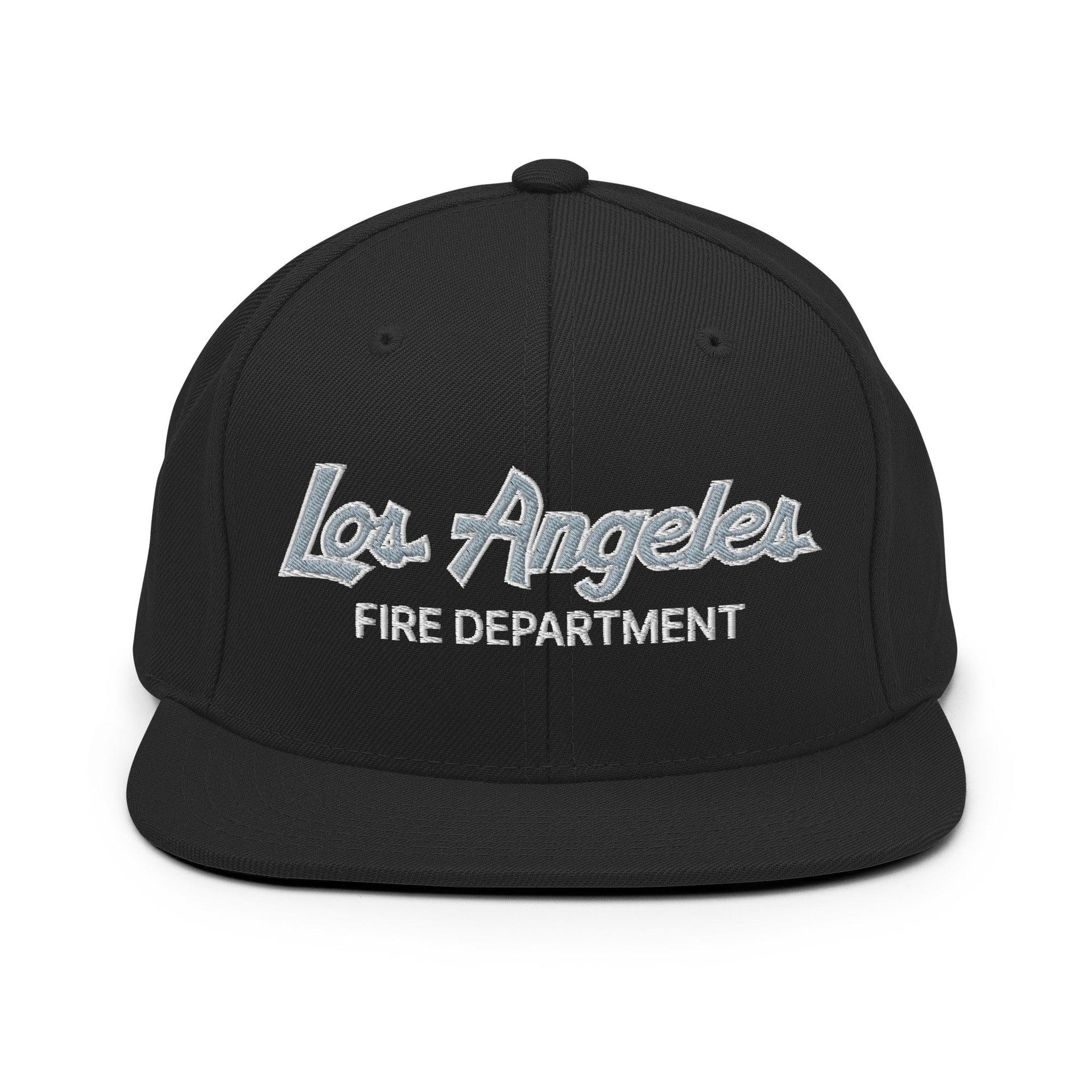 LAFD Los Angeles Fire Department Vintage Sports Script Embroidered Flat Bill Brim Snapback Hat Black Capital Crowns Snapback Hats Work