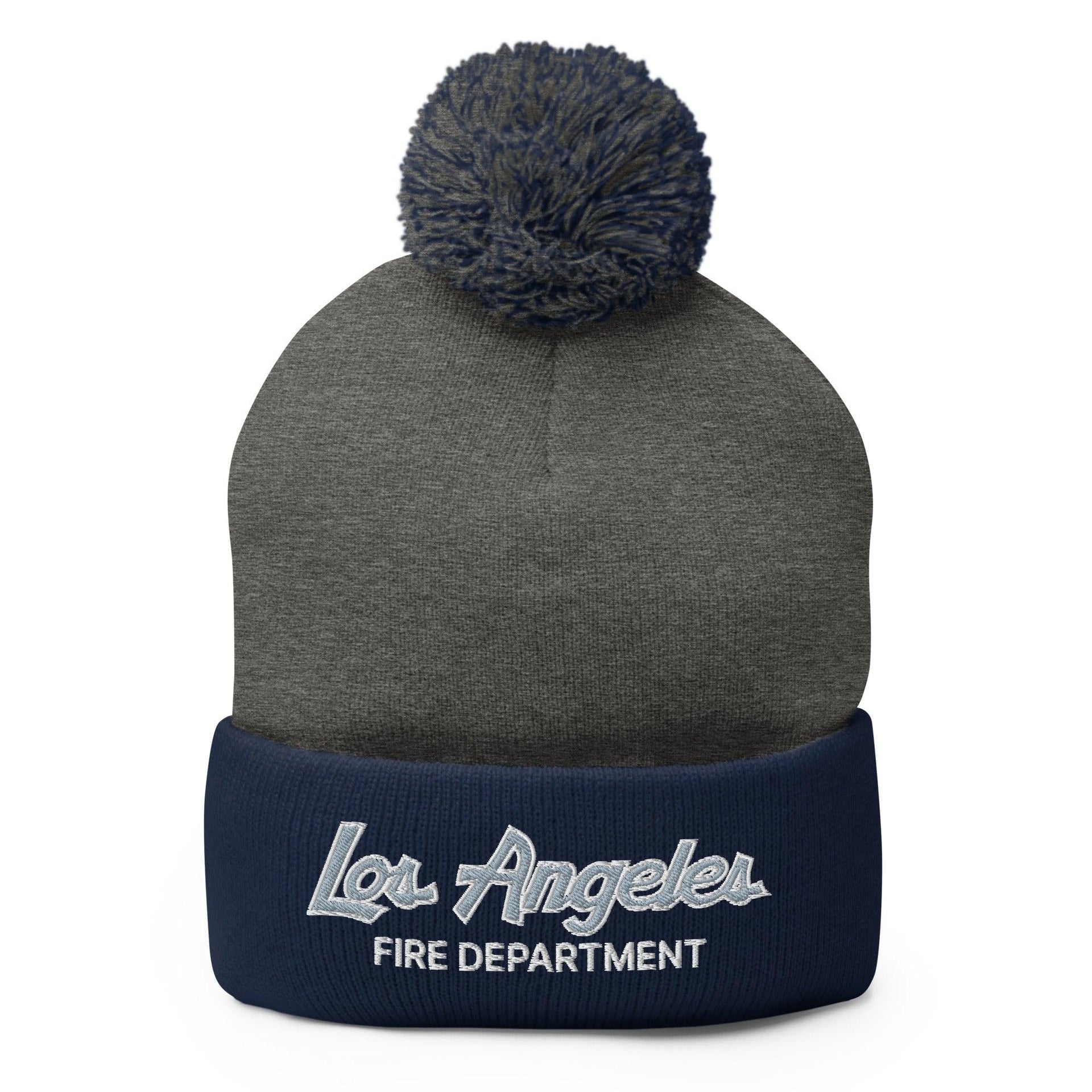 LAFD Los Angeles Fire Department Vintage Sports Script Embroidered Knit Pom Pom Beanie Dark Heather Grey Navy Beanies Capital Crowns Work