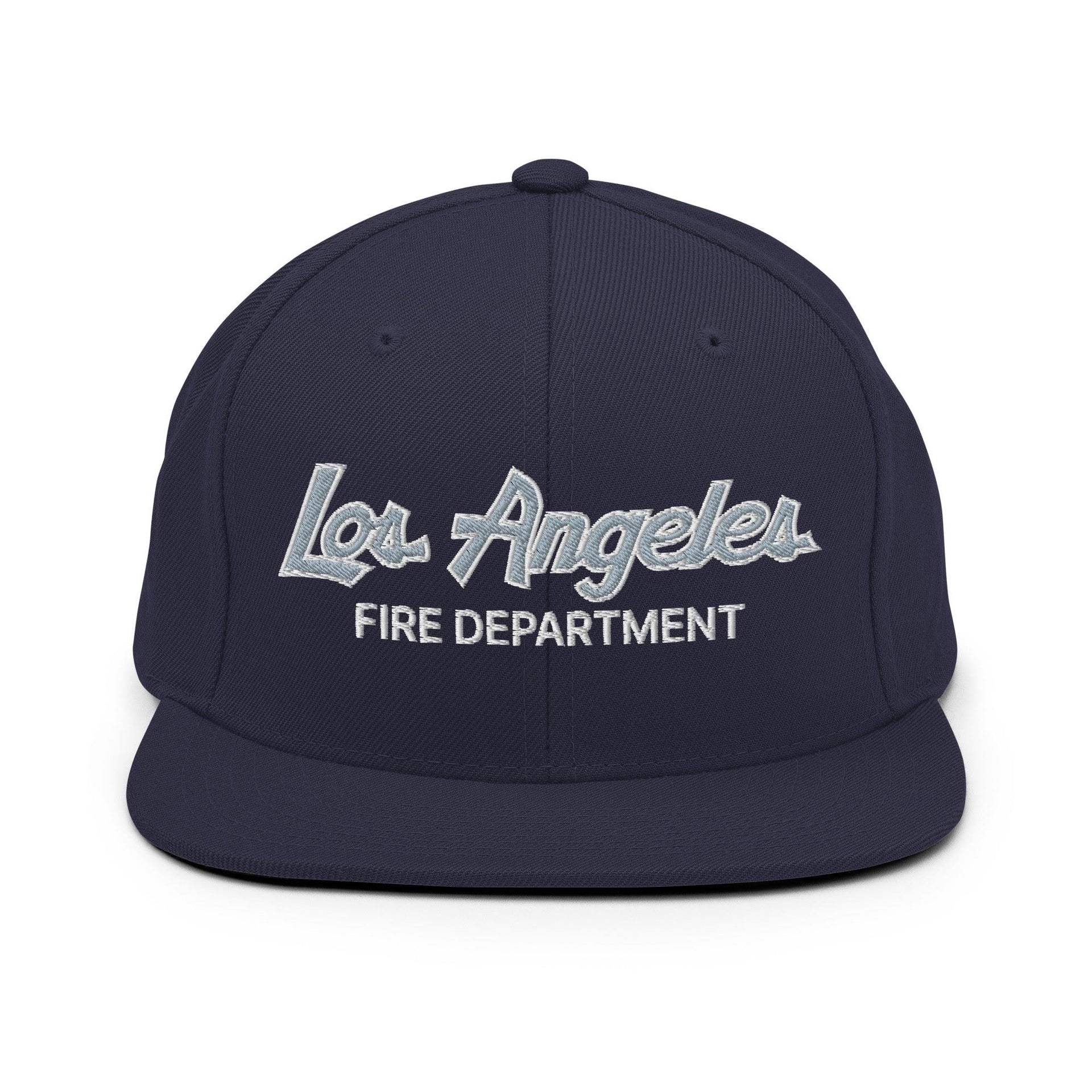 LAFD Los Angeles Fire Department Vintage Sports Script Embroidered Flat Bill Brim Snapback Hat Navy Capital Crowns Snapback Hats Work
