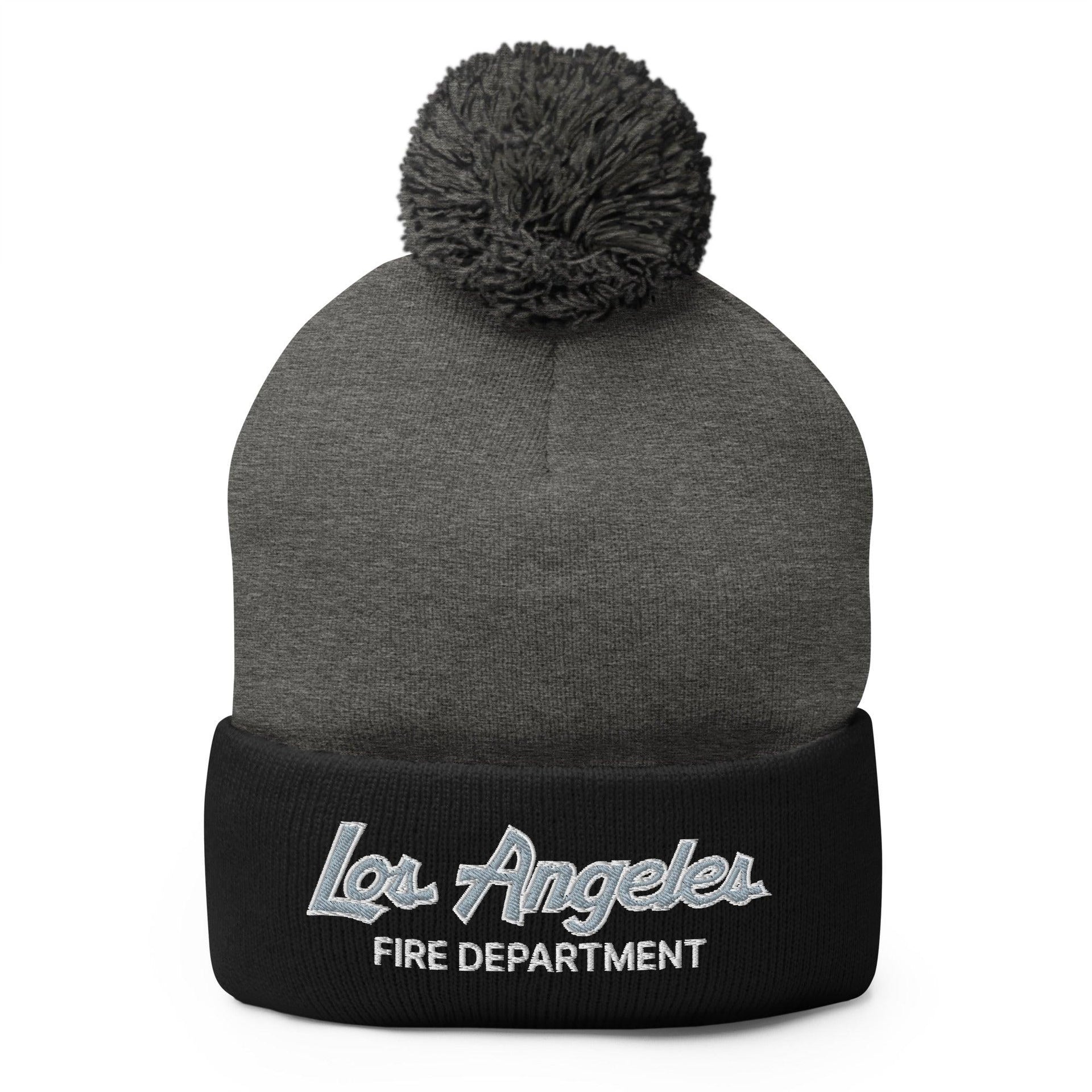 LAFD Los Angeles Fire Department Vintage Sports Script Embroidered Knit Pom Pom Beanie Dark Heather Grey Black Beanies Capital Crowns Work