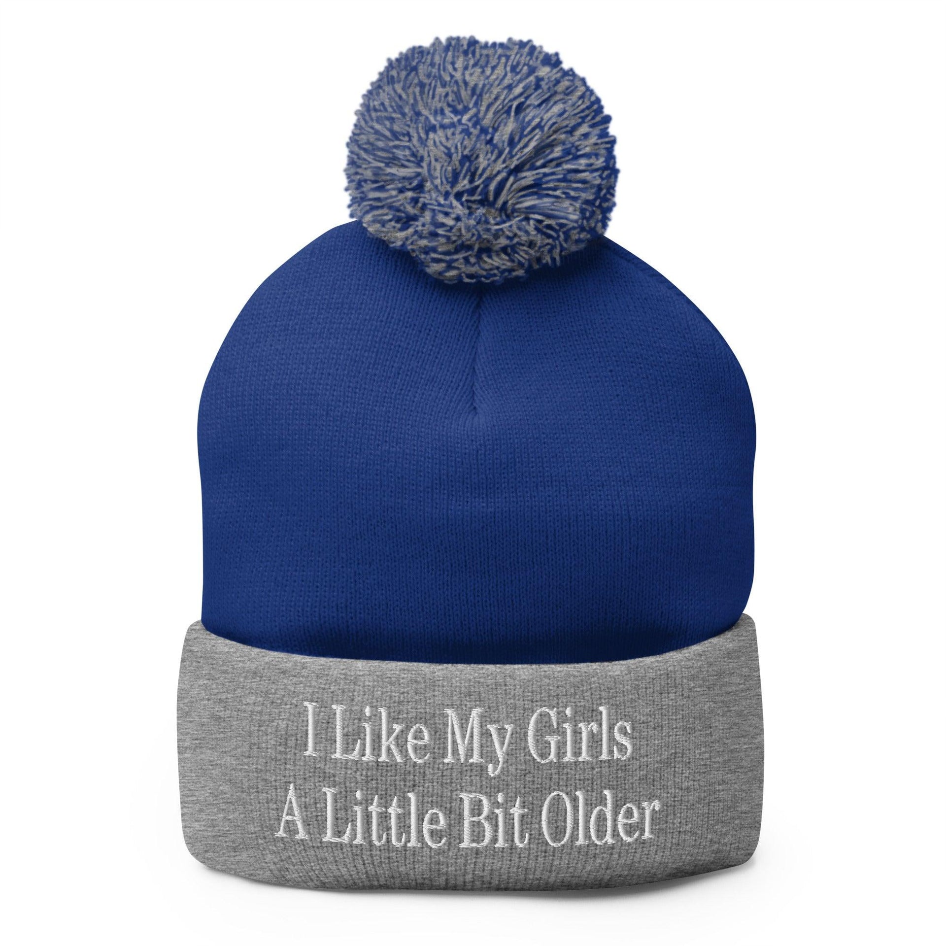 I Like My Girls a Little Bit Older Embroidered Knit Pom Pom Beanie Royal Heather Grey Beanies Capital Crowns Funny