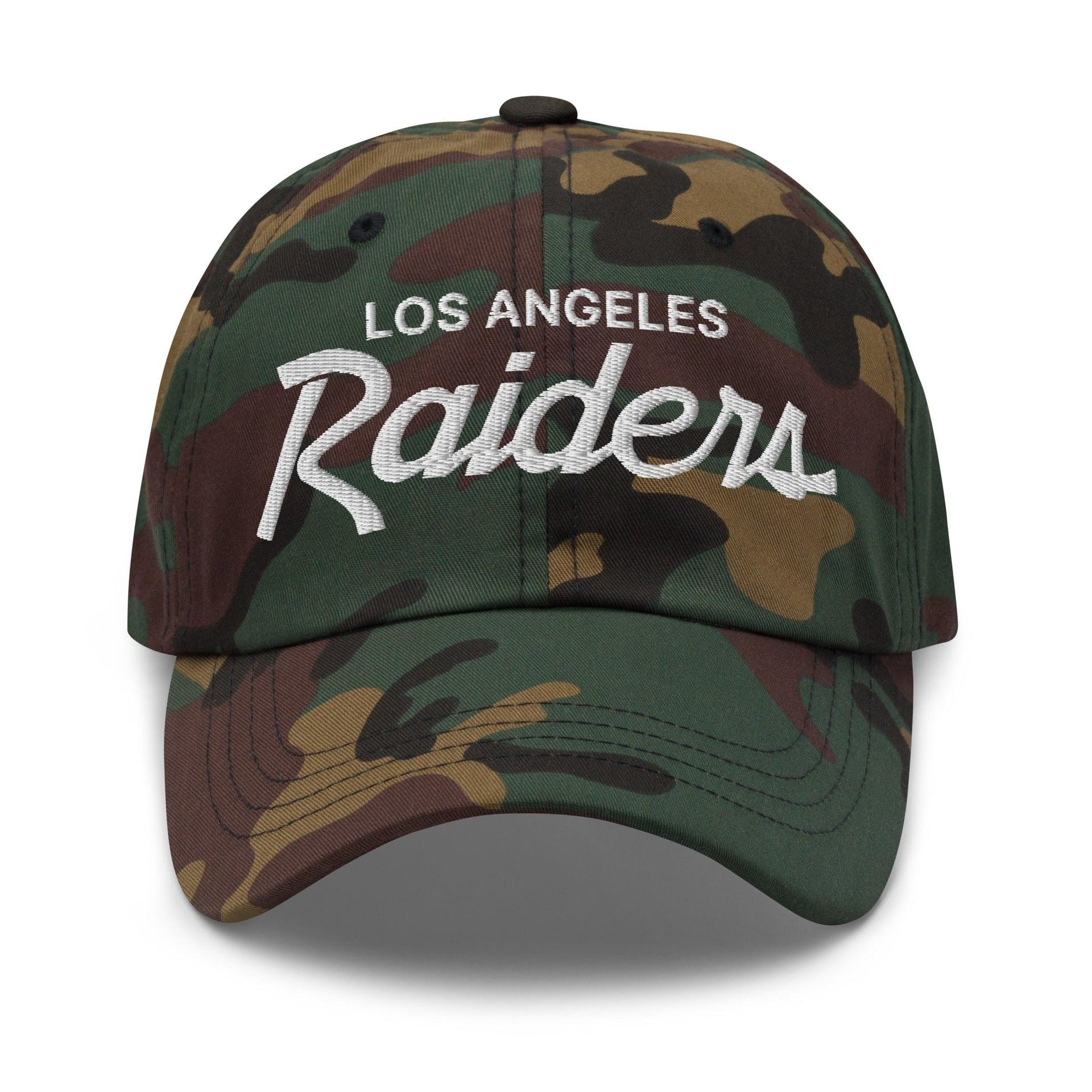 Los Angeles LA Raiders Vintage Sports Script Embroidered Dad Hat Green Camo CA Capital Crowns Dad Hats Football Los Angeles