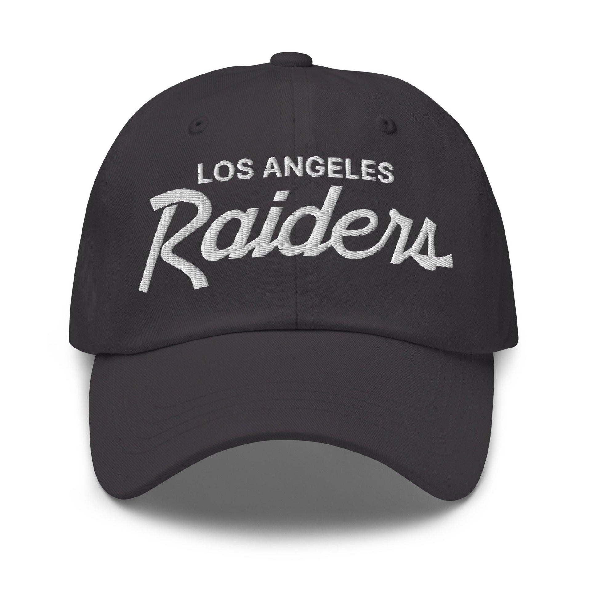 Los Angeles LA Raiders Vintage Sports Script Embroidered Dad Hat Dark Grey CA Capital Crowns Dad Hats Football Los Angeles