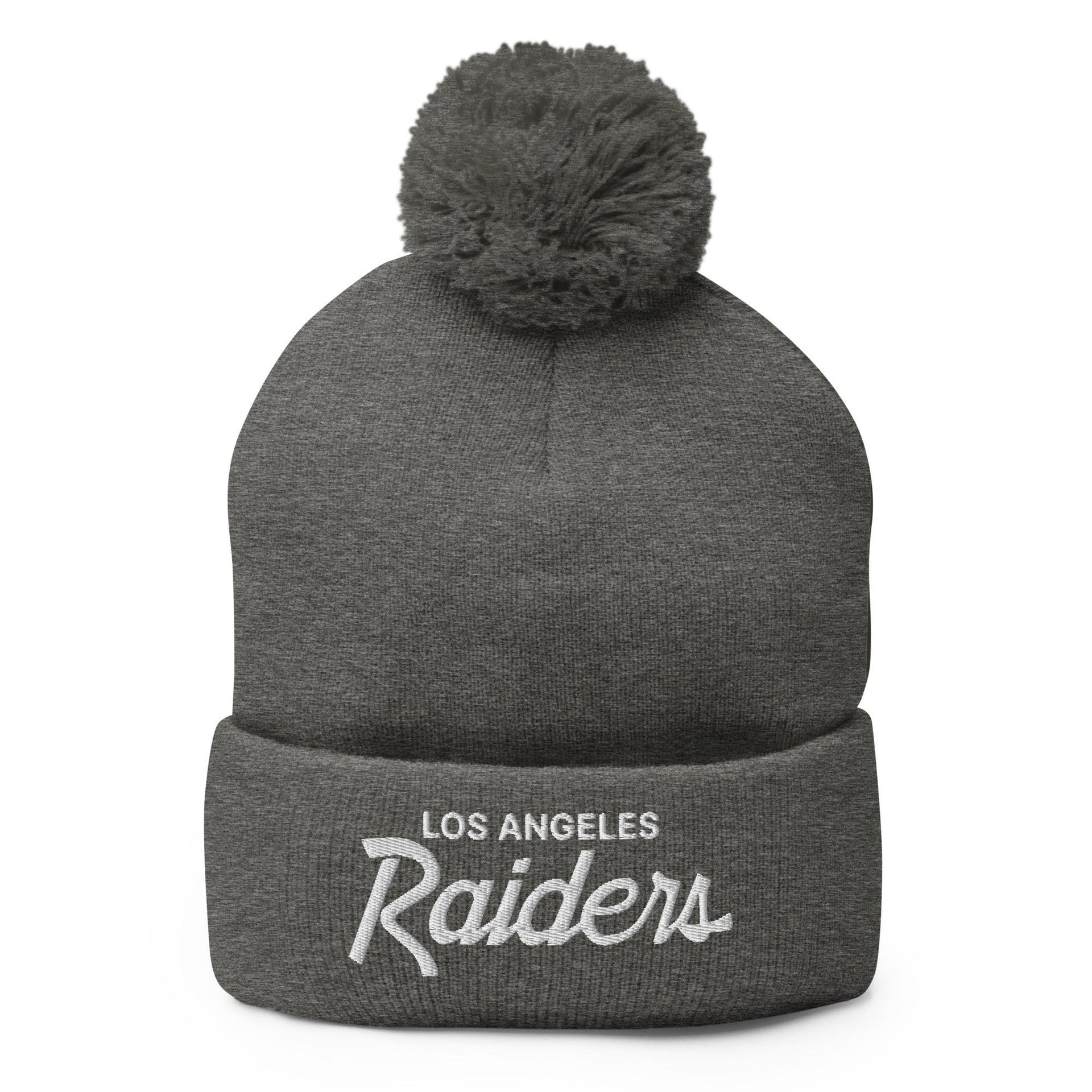 Los Angeles LA Raiders Vintage Sports Script Embroidered Knit Pom Pom Beanie Dark Heather Grey Beanies CA Capital Crowns Football Los Angeles