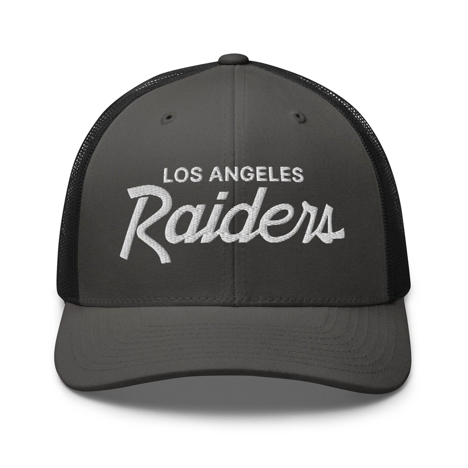 Los Angeles LA Raiders Vintage Sports Script Embroidered Mesh Trucker Hat Charcoal Black CA Capital Crowns Football Los Angeles Trucker Hats