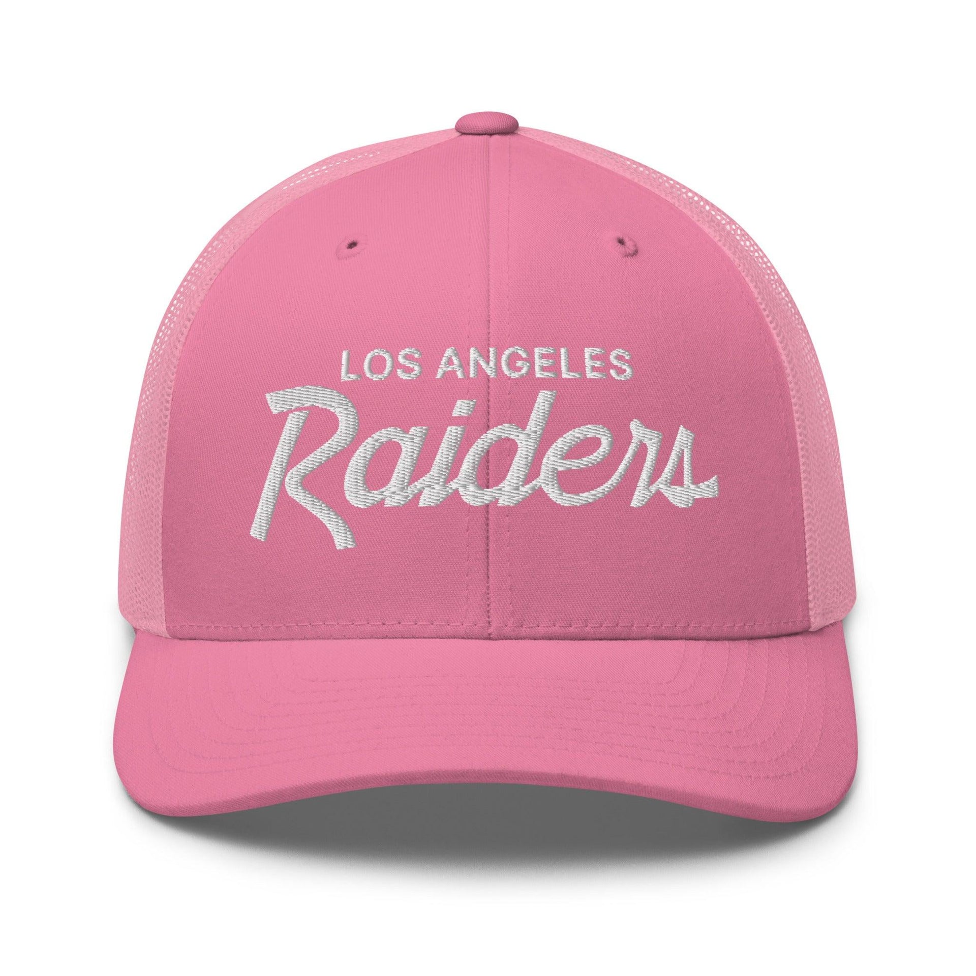 Los Angeles LA Raiders Vintage Sports Script Embroidered Mesh Trucker Hat Pink CA Capital Crowns Football Los Angeles Trucker Hats