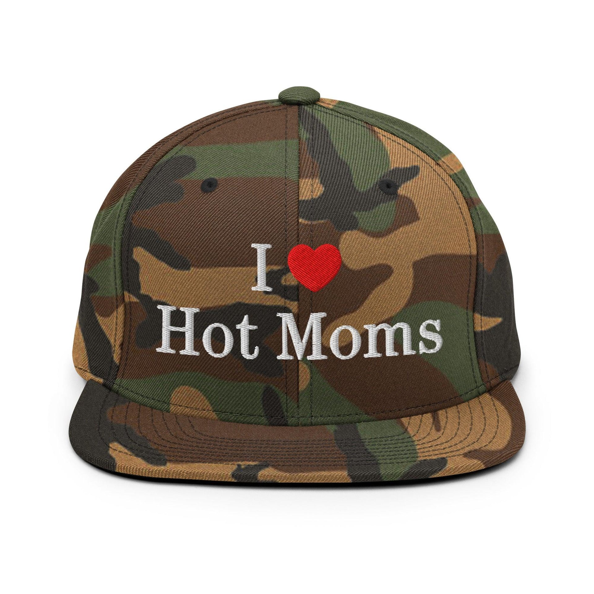 I Love Hot Moms Embroidered Flat Bill Brim Snapback Hat Green Camo Capital Crowns Funny Snapback Hats
