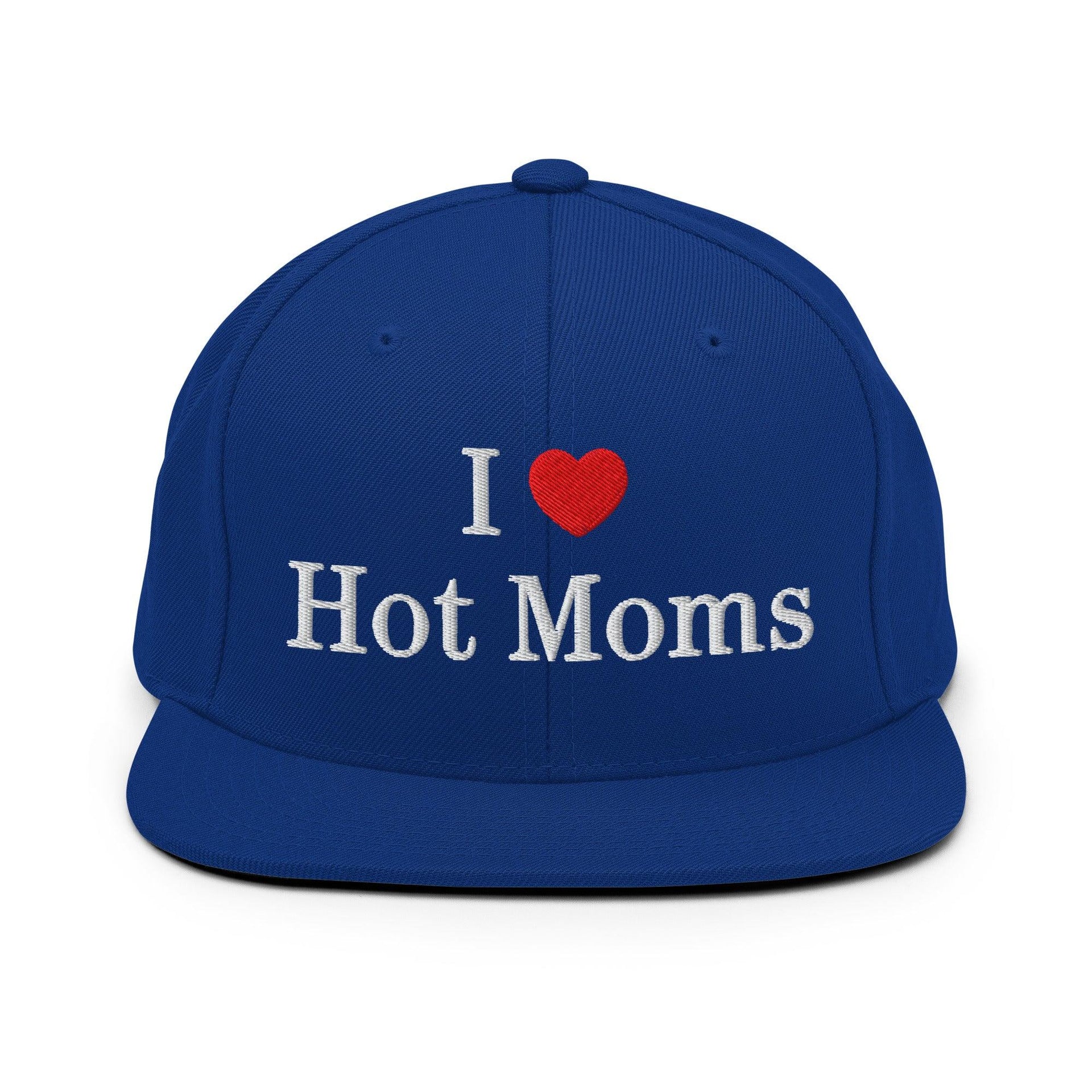 I Love Hot Moms Embroidered Flat Bill Brim Snapback Hat Royal Blue Capital Crowns Funny Snapback Hats