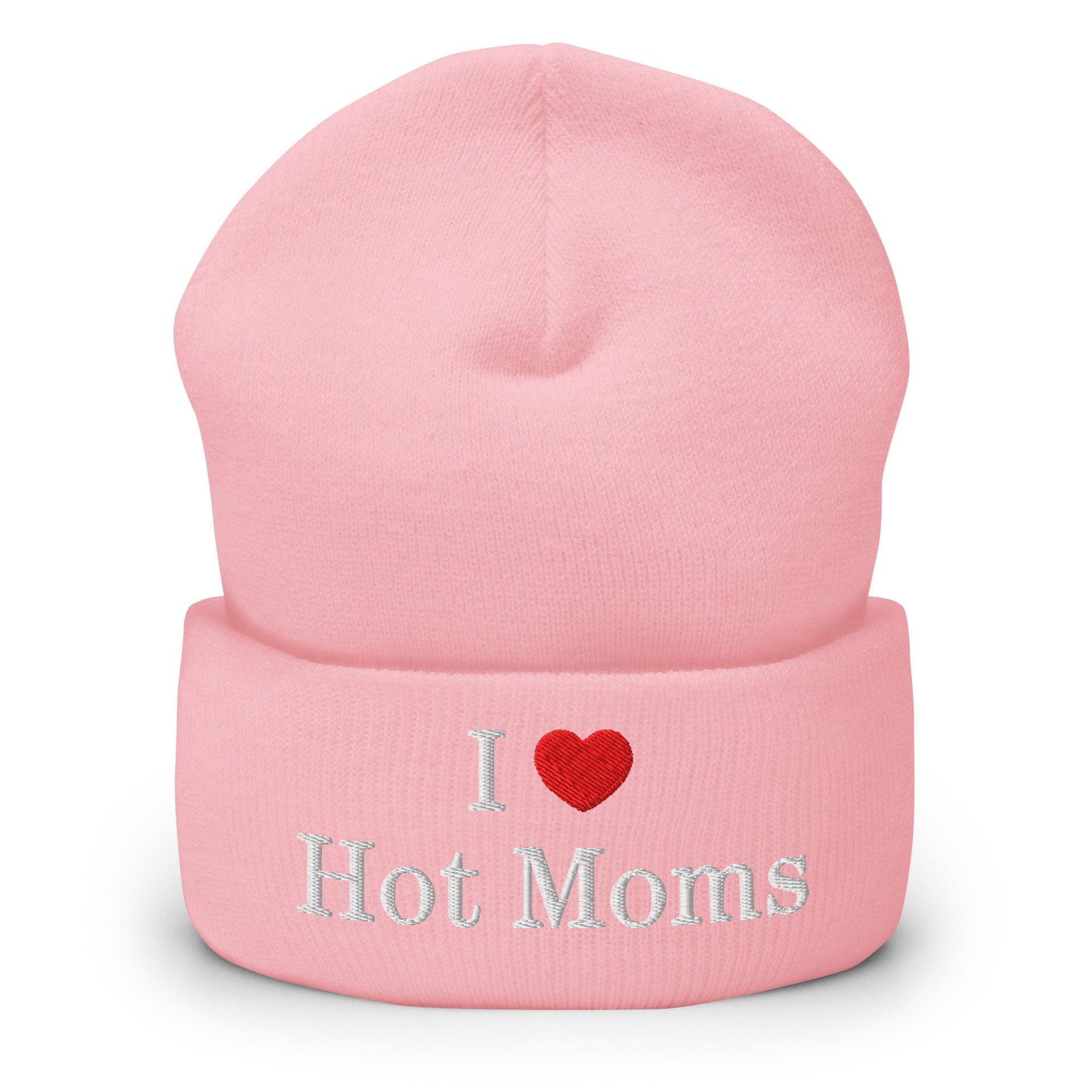 I Love Hot Moms Embroidered Knit Cuffed Beanie Baby Pink Beanies Capital Crowns Funny