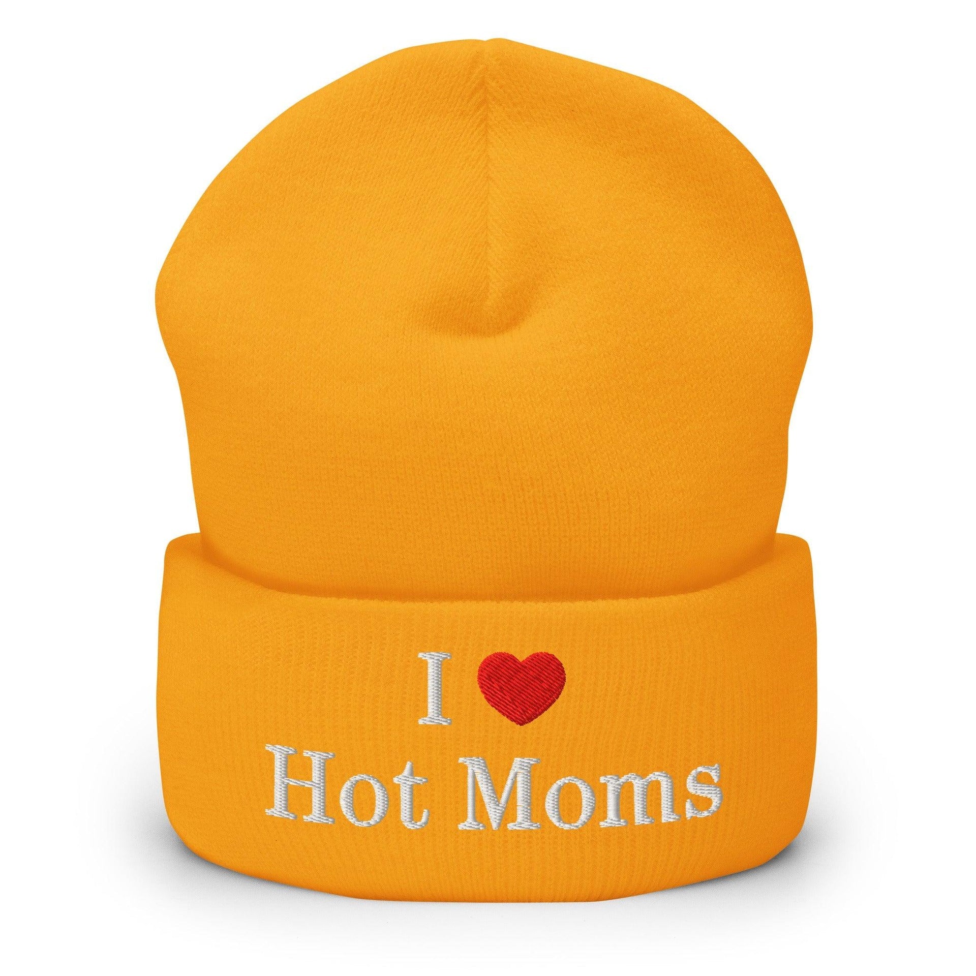 I Love Hot Moms Embroidered Knit Cuffed Beanie Gold Beanies Capital Crowns Funny