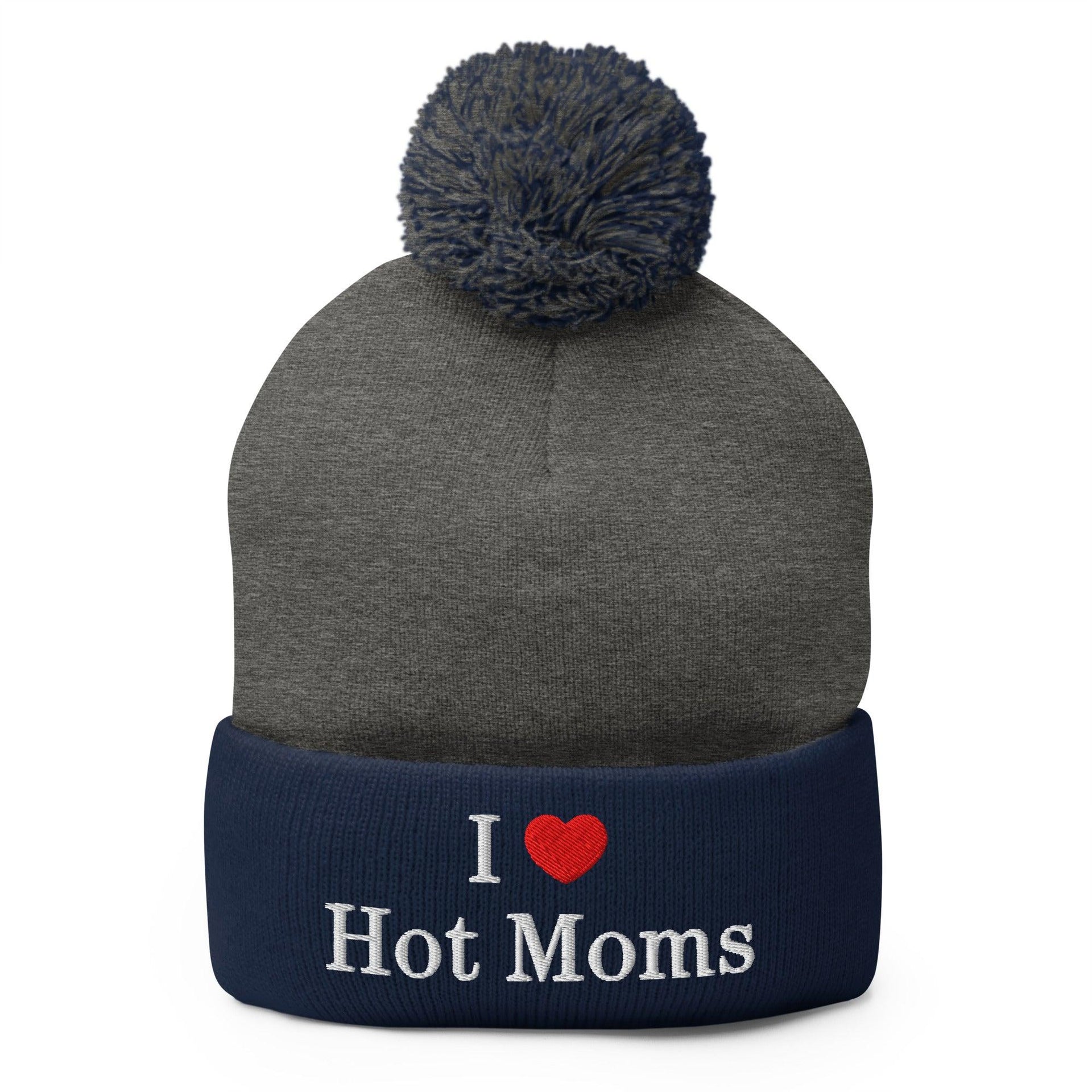 I Love Hot Moms Embroidered Knit Pom Pom Beanie Dark Heather Grey Navy Beanies Capital Crowns Funny