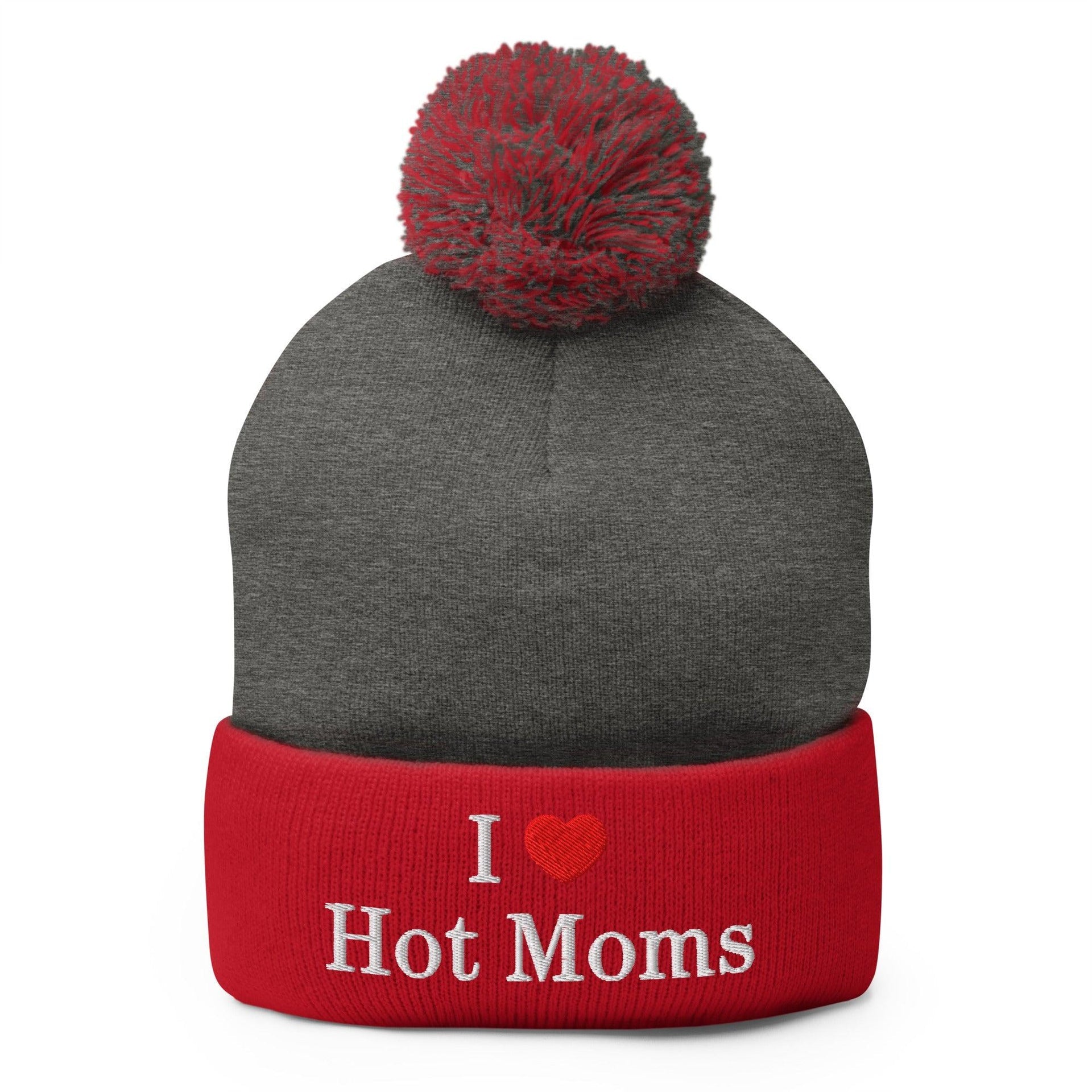 I Love Hot Moms Embroidered Knit Pom Pom Beanie Dark Heather Grey Red Beanies Capital Crowns Funny