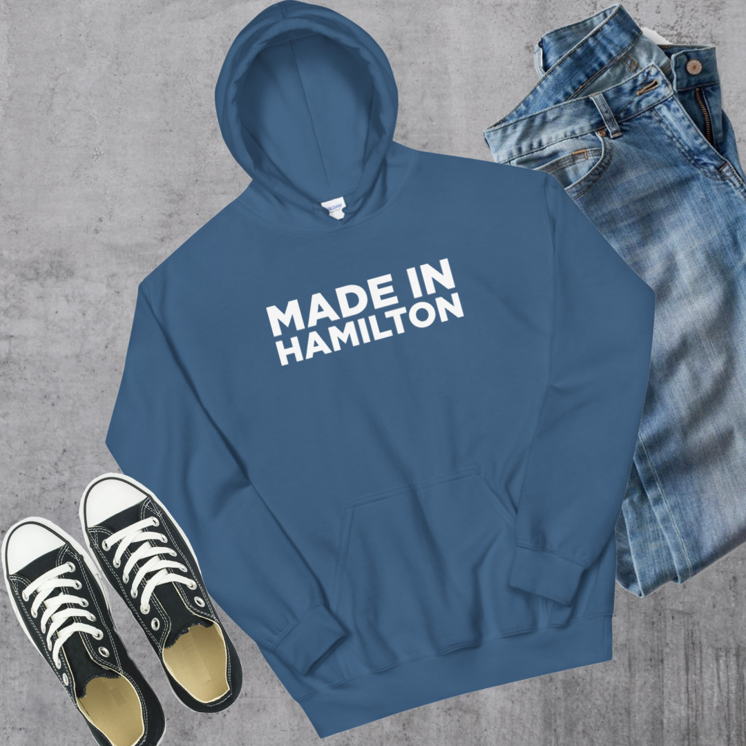 Made in Hamilton Hoodie Indigo Blue Canadian City Apparel