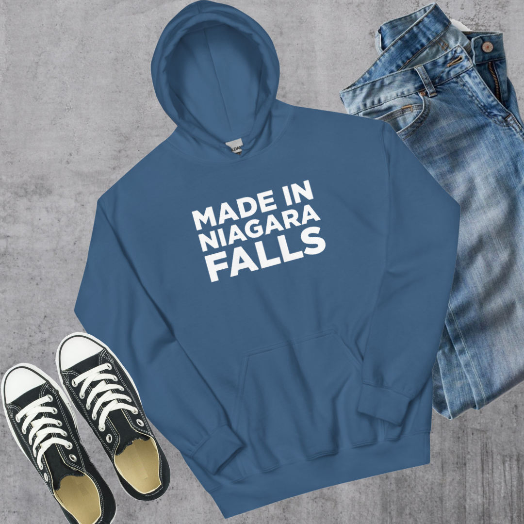 Made in Niagara Falls Hoodie Indigo Blue Canadian City Apparel