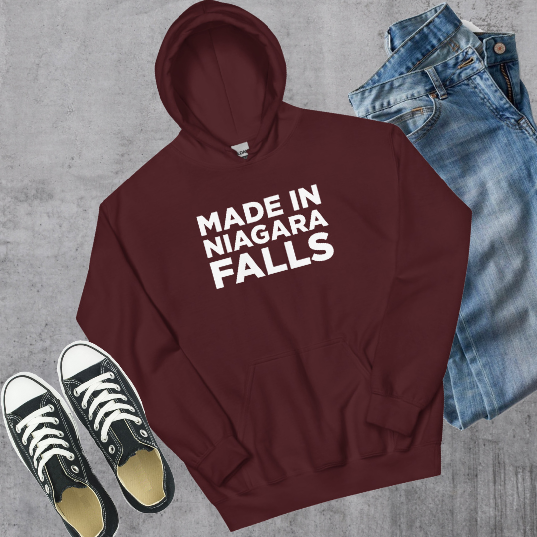 Made in Niagara Falls Hoodie Maroon Canadian City Apparel