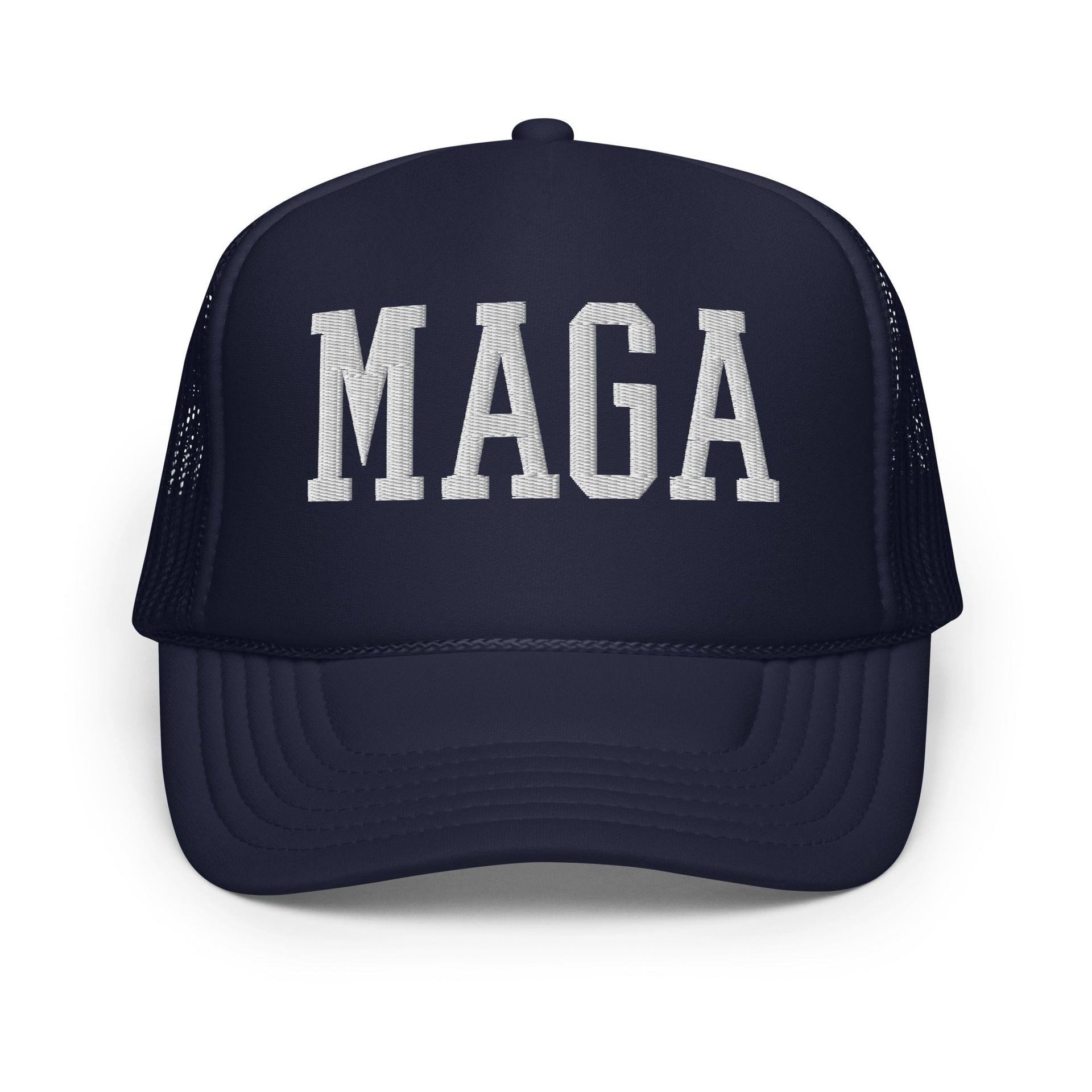 MAGA Make America Great Again Block Embroidered Foam Trucker Hat Navy Capital Crowns Conservative LADs Trucker Hats