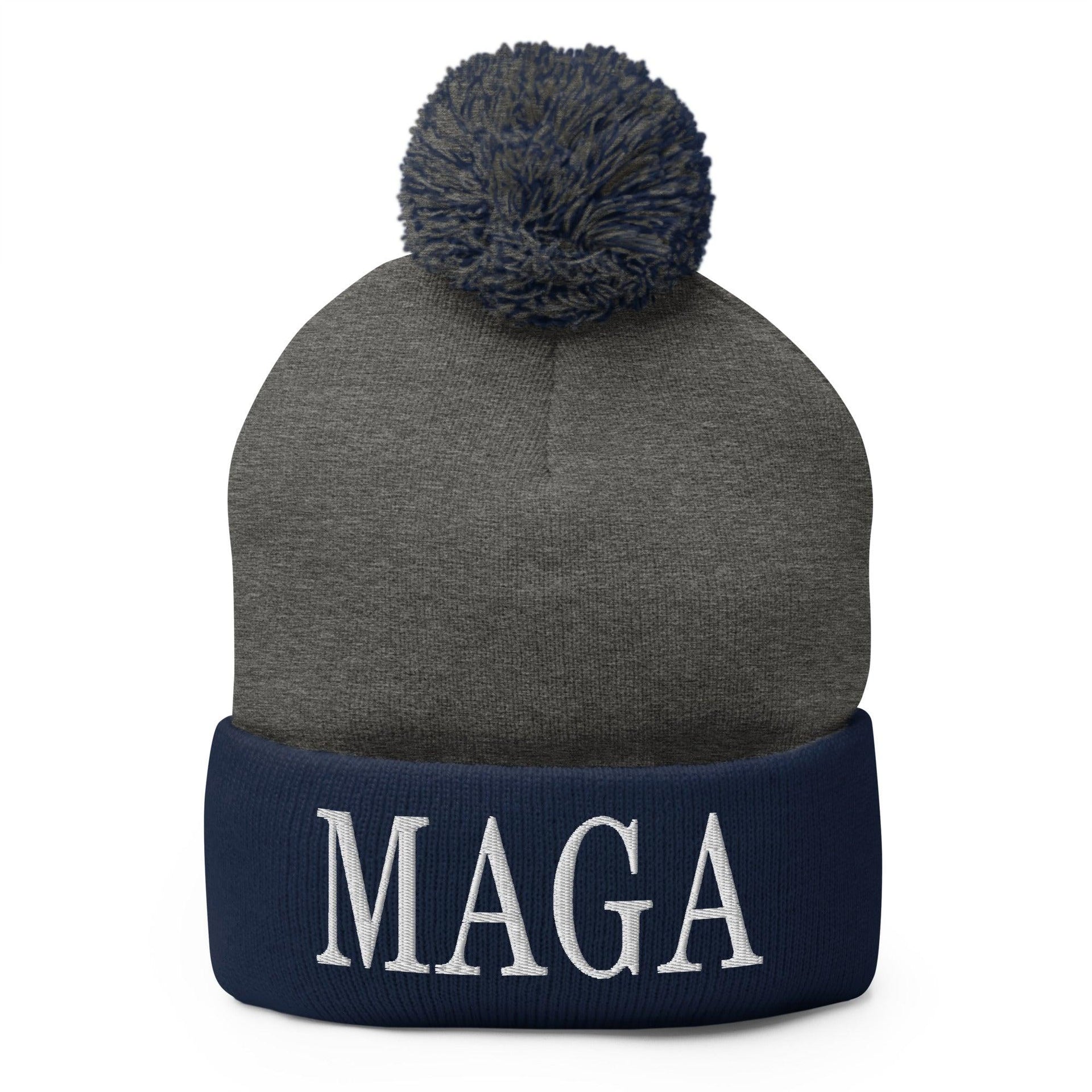 MAGA Make America Great Again Embroidered Knit Pom Pom Beanie Dark Heather Grey Navy Beanies Capital Crowns Conservative LADs
