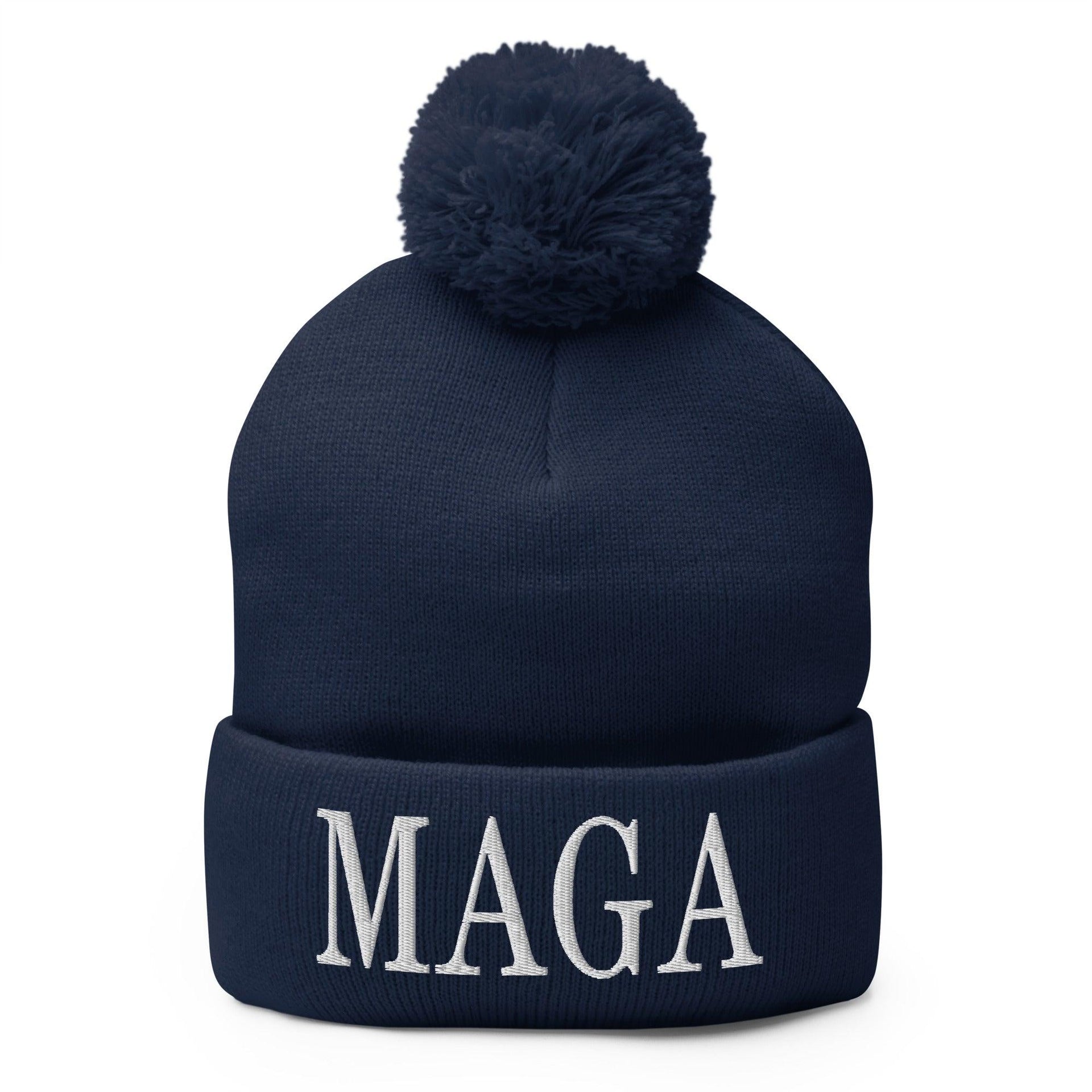 MAGA Make America Great Again Embroidered Knit Pom Pom Beanie Navy Beanies Capital Crowns Conservative LADs