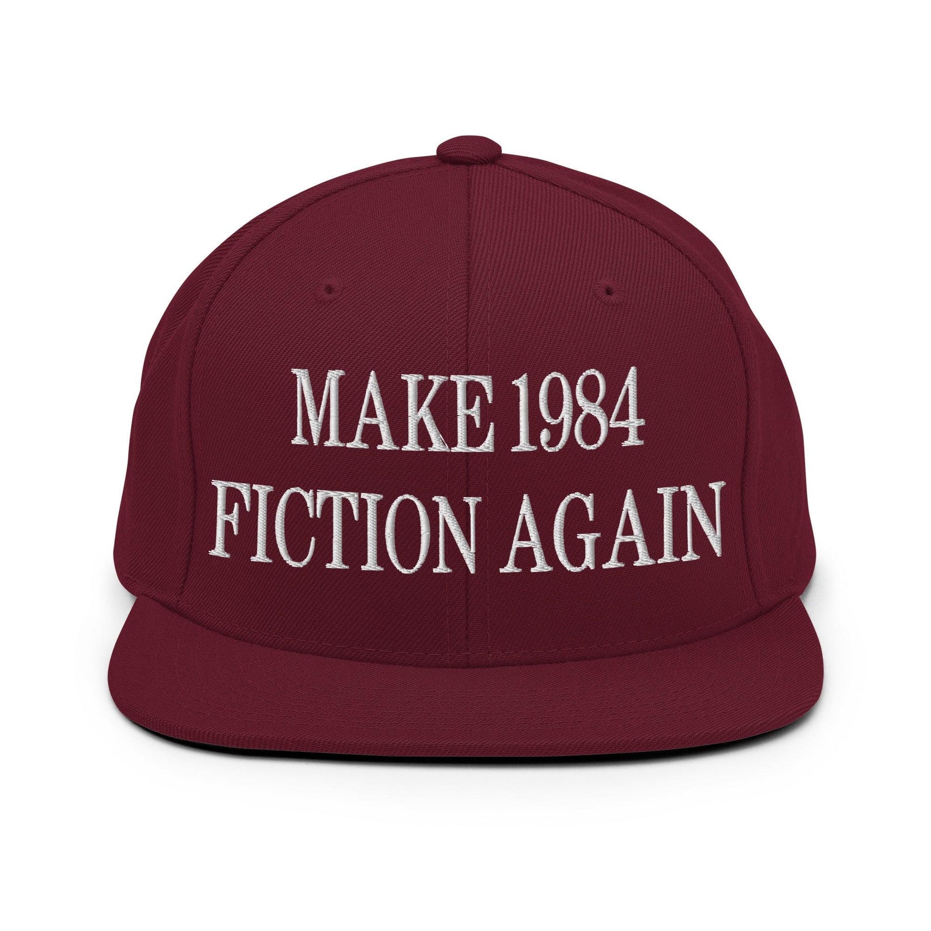 Make 1984 Fiction Again Embroidered Flat Bill Brim Snapback Hat Maroon Capital Crowns Make Again