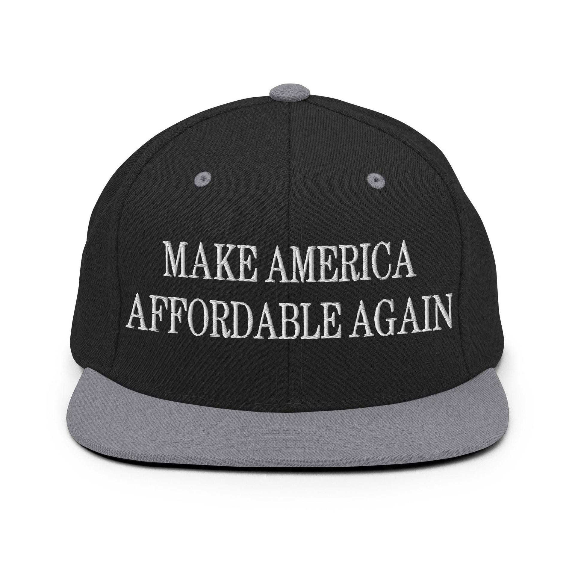Make Us Affordable Again Embroidered Flat Bill Brim Snapback Hat Black Silver Capital Crowns Make Again