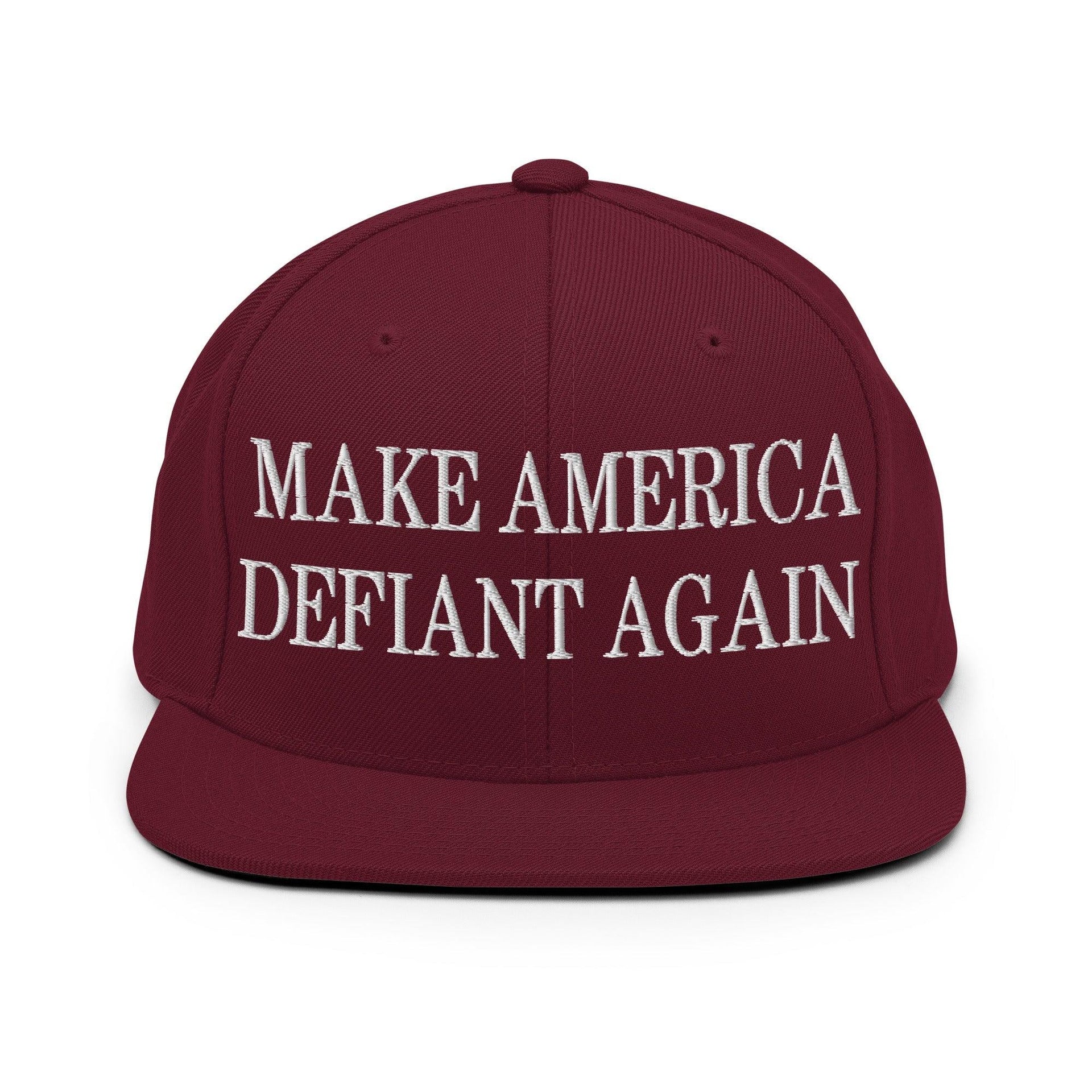 Make America Defiant Again Embroidered Flat Bill Brim Snapback Hat Maroon Capital Crowns LADs Make Again Snapback Hats