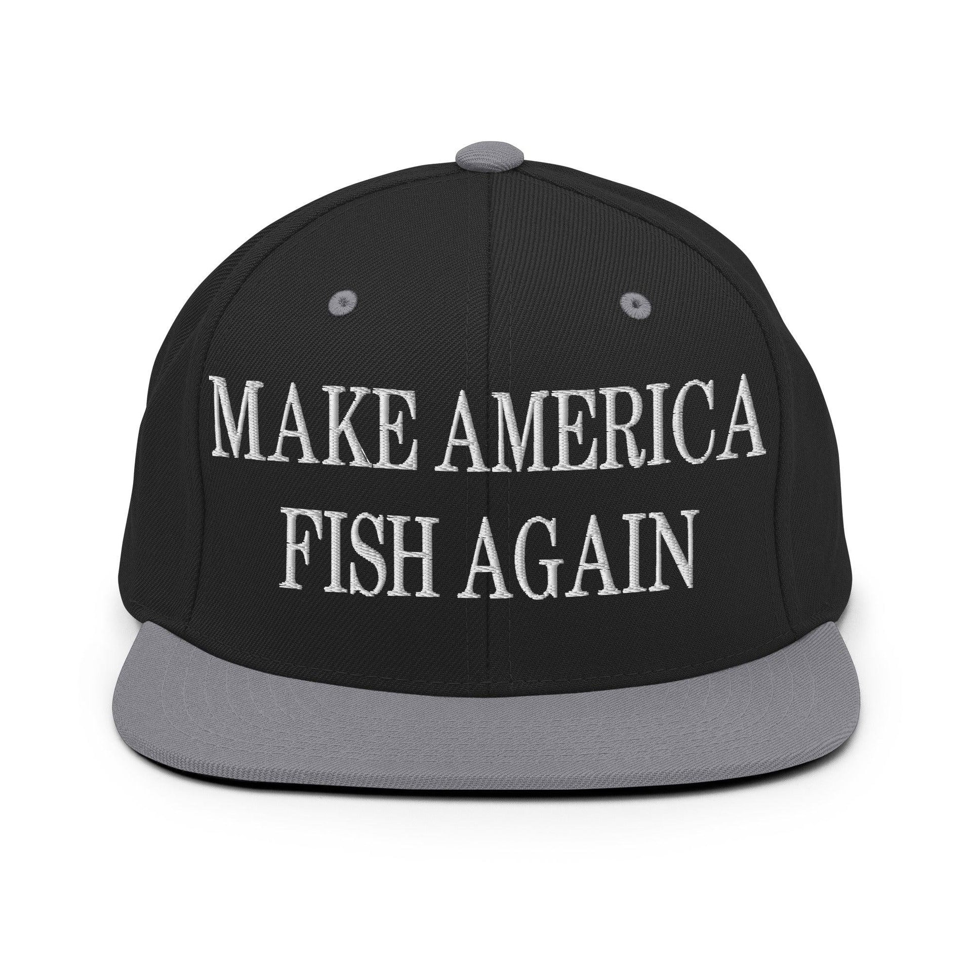 Make America Fish Again Embroidered Flat Bill Brim Snapback Hat Black Silver Capital Crowns LADs Make Again Snapback Hats