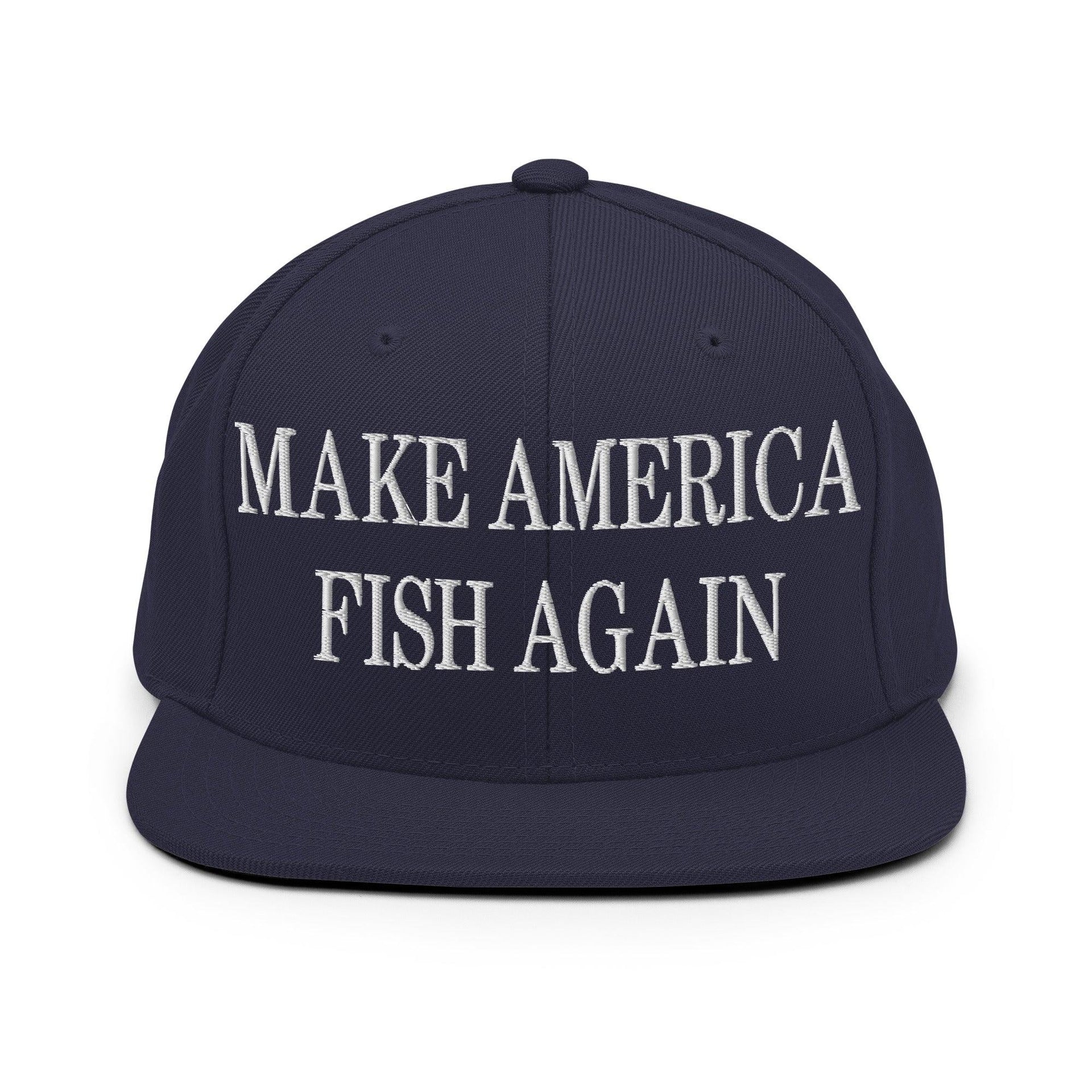 Make America Fish Again Embroidered Flat Bill Brim Snapback Hat Navy Capital Crowns LADs Make Again Snapback Hats