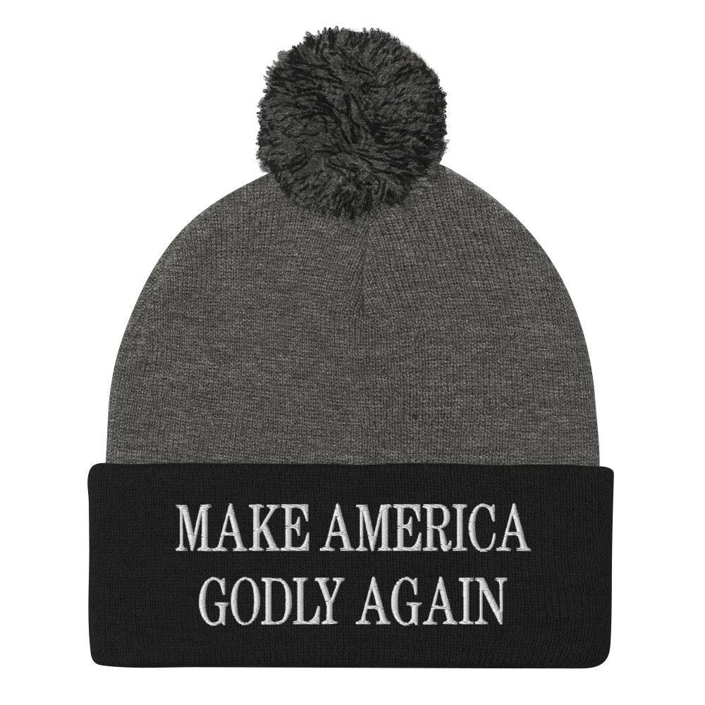 Make America Godly Again Embroidered Knit Pom Pom Beanie Dark Heather Grey Black Beanies Capital Crowns LADs Make Again