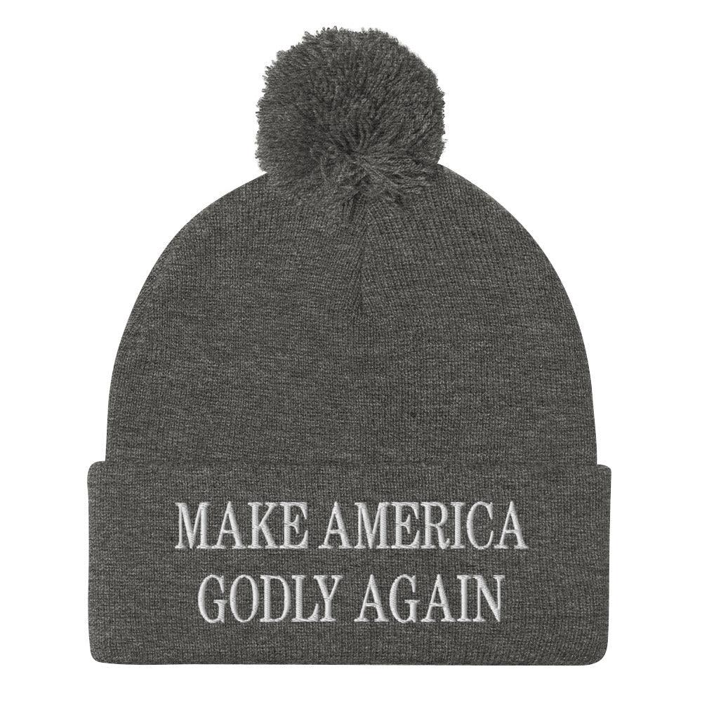 Make America Godly Again Embroidered Knit Pom Pom Beanie Dark Heather Grey Beanies Capital Crowns LADs Make Again