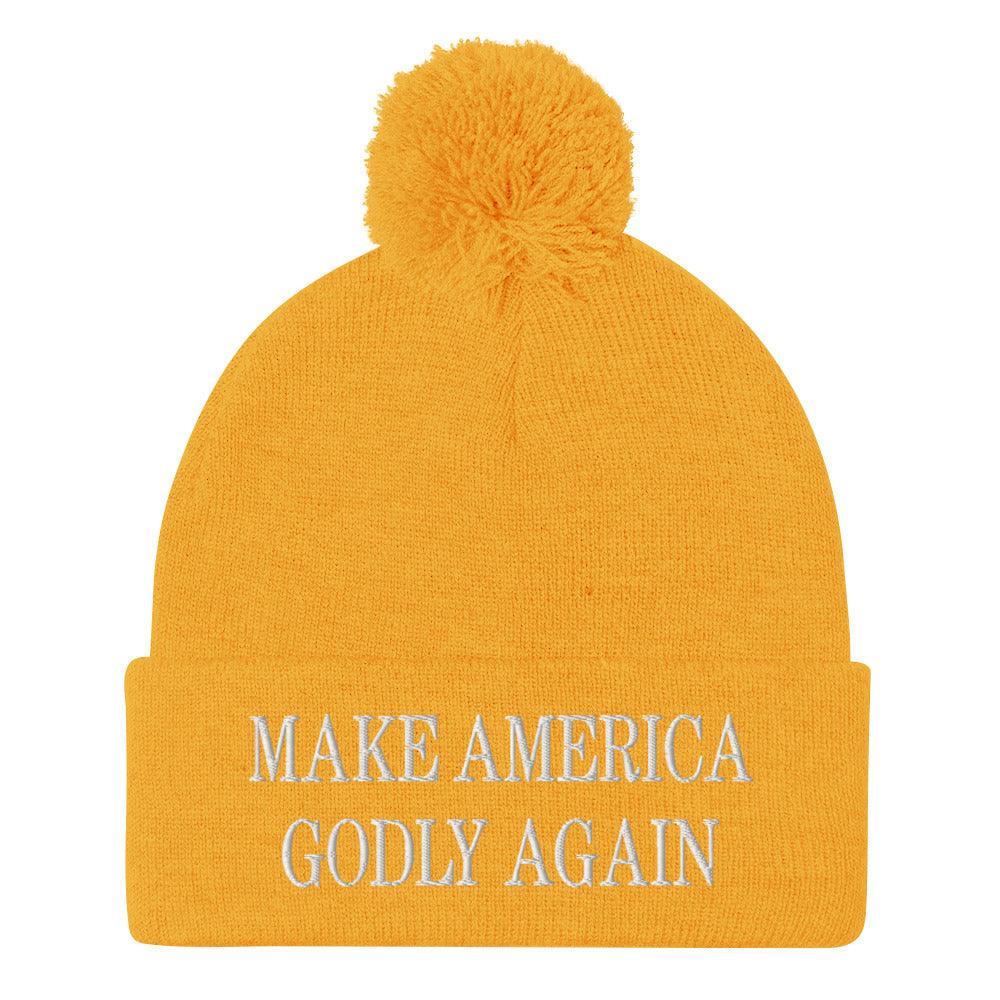Make America Godly Again Embroidered Knit Pom Pom Beanie Gold Beanies Capital Crowns LADs Make Again